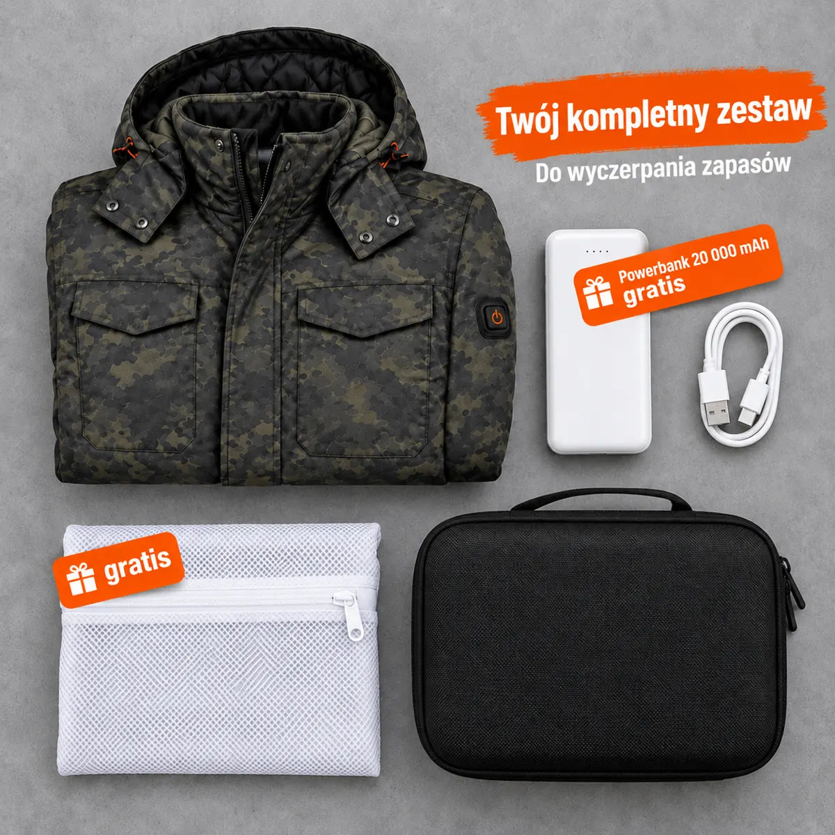 Zestaw kompletny: Alpino, powerbank 20 000 mAh, kabel do ładowania, worek do prania i torba