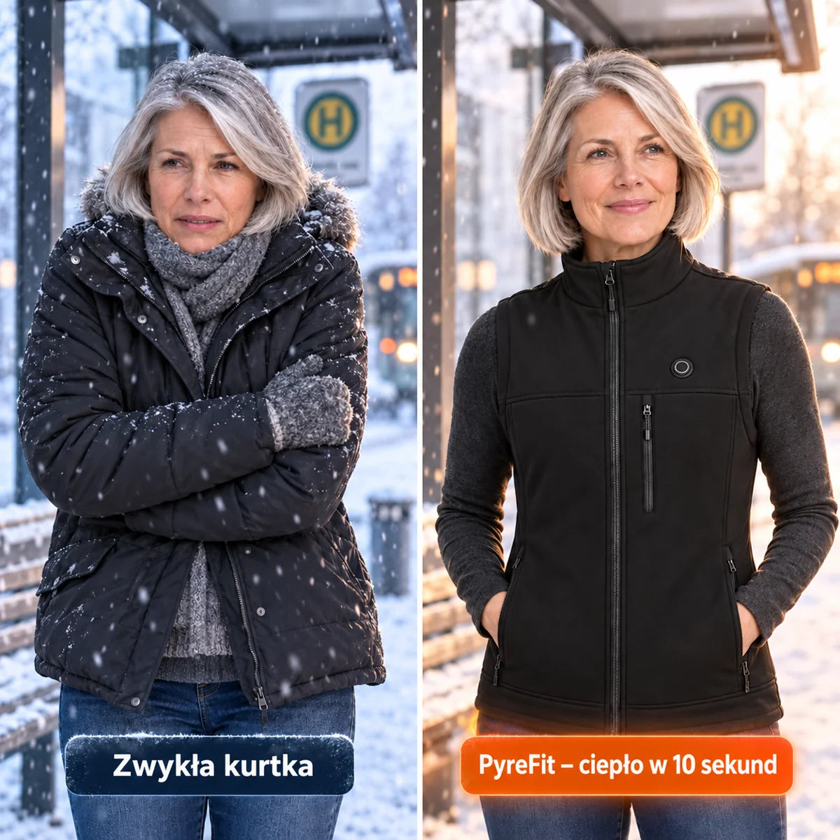 Porównanie: zwykła kurtka zimowa i Elaressa z ogrzewaniem