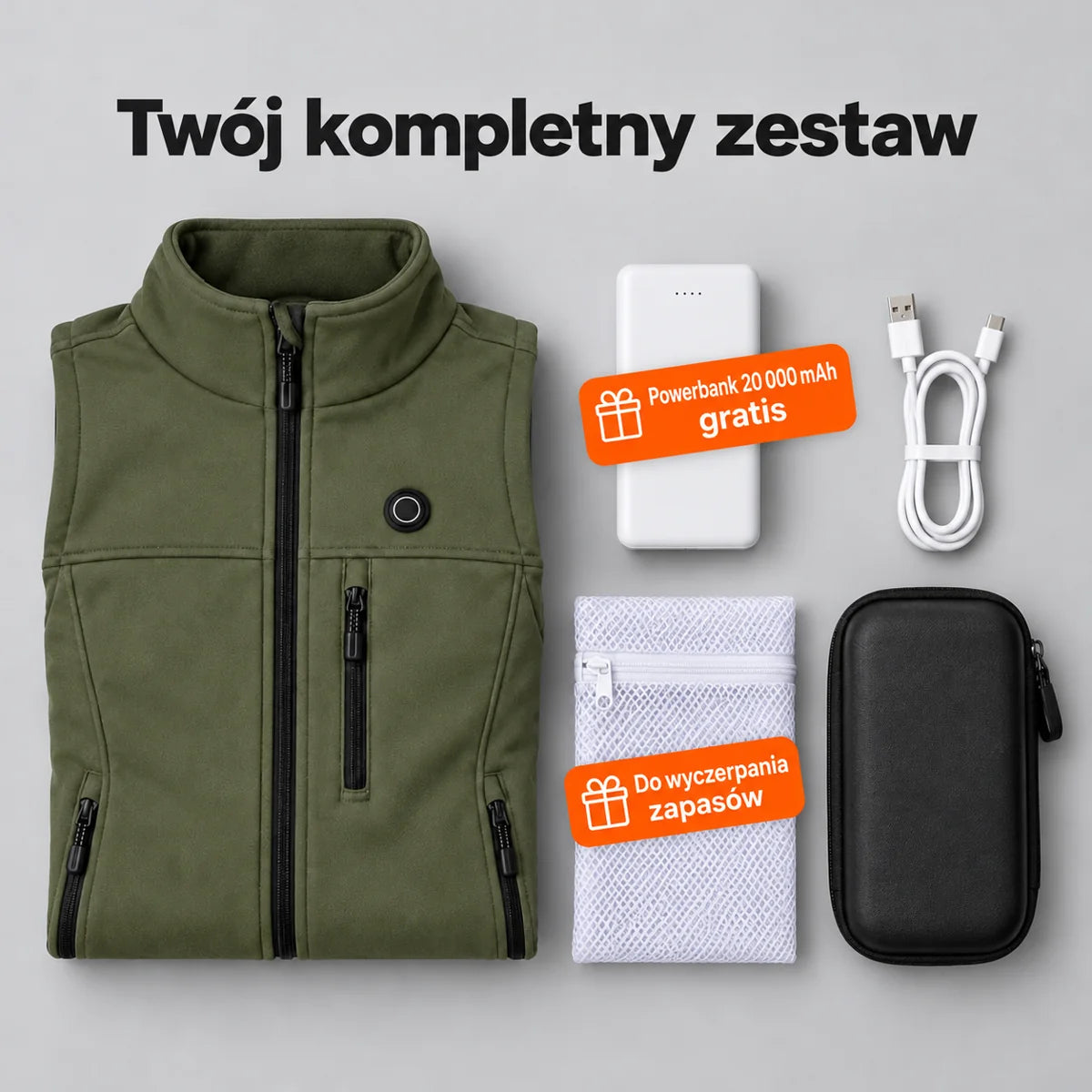 Zestaw kompletny: Mellora, powerbank 20 000 mAh, kabel do ładowania, worek do prania i torba