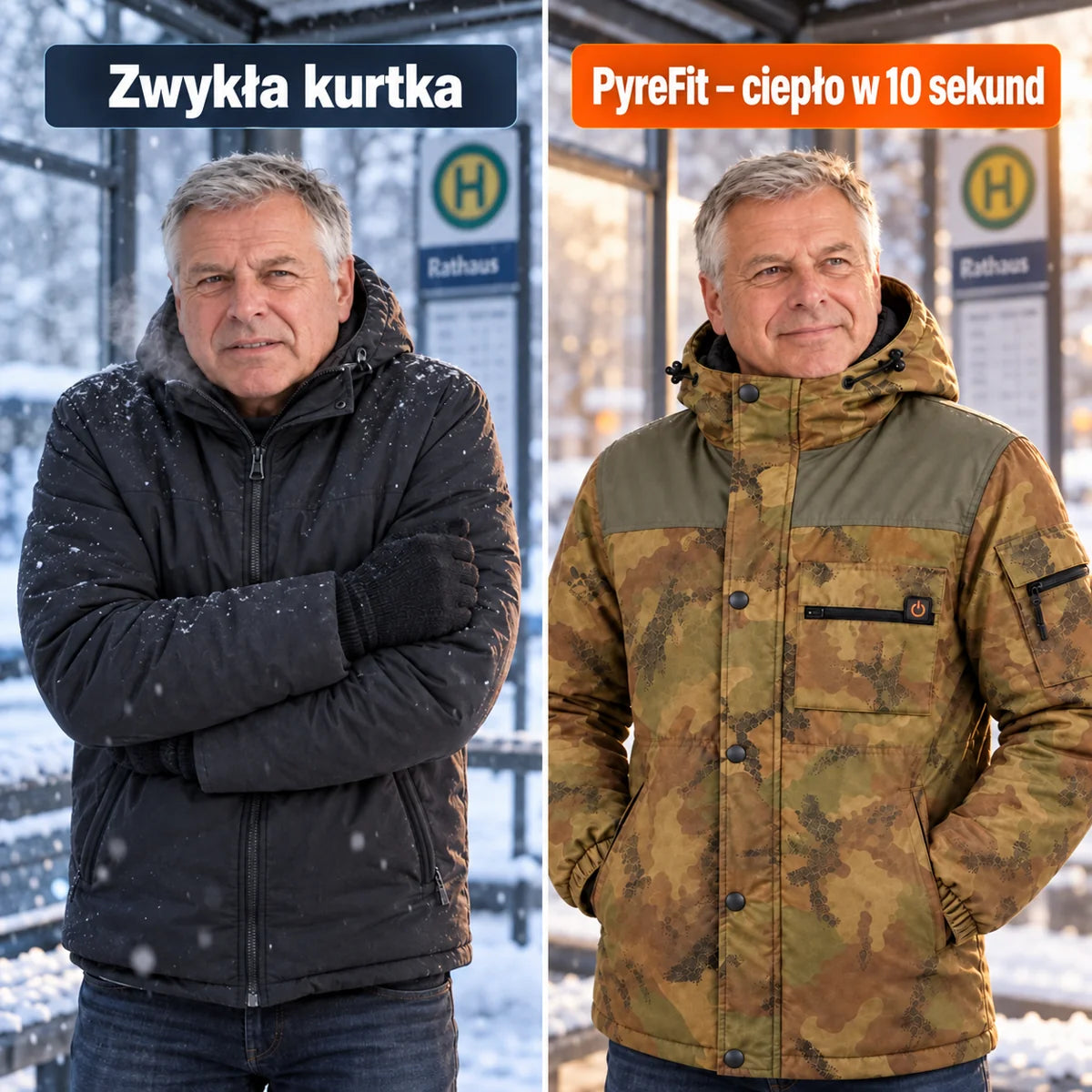 Porównanie: zwykła kurtka zimowa i Mistro z ogrzewaniem