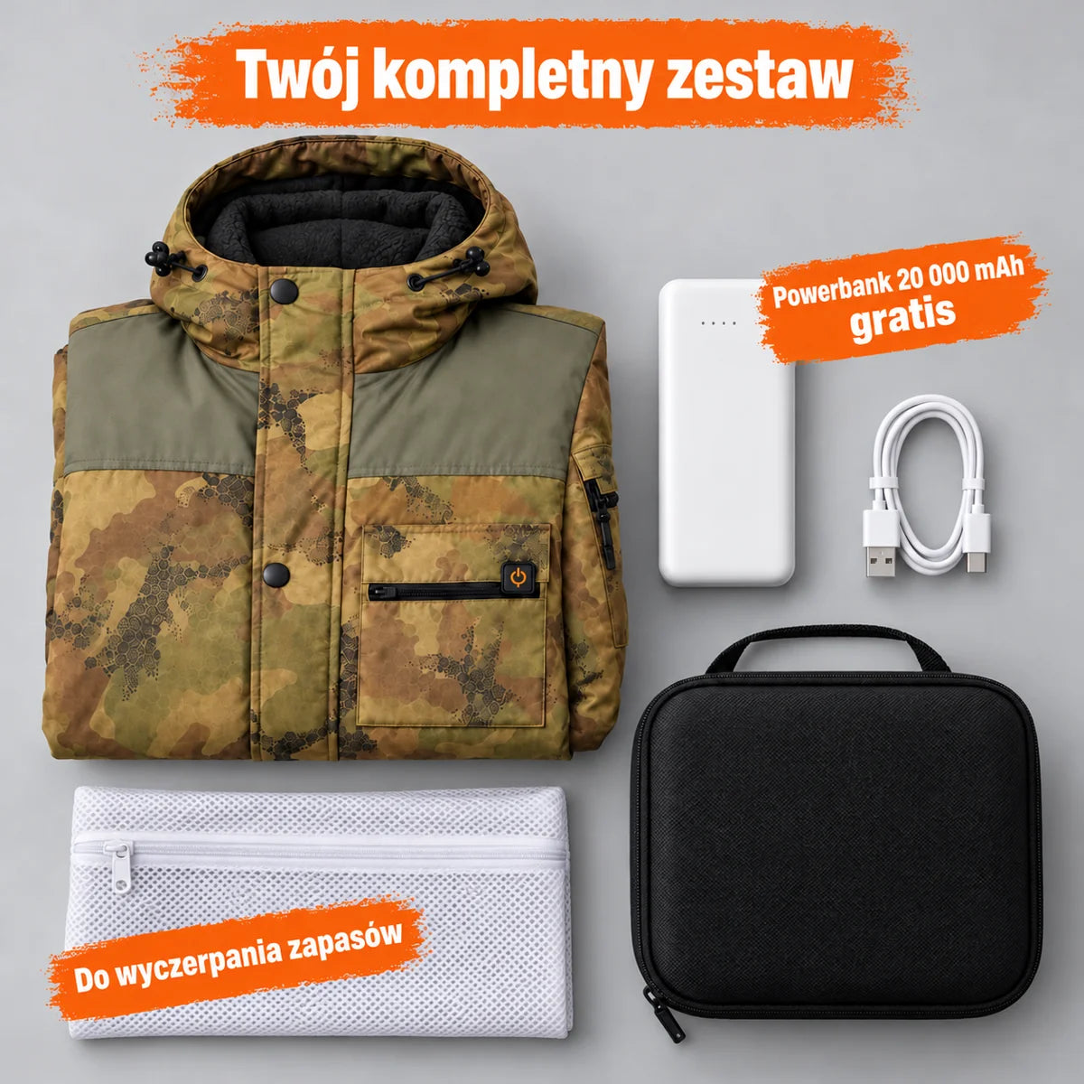Zestaw kompletny: Mistro, powerbank 20 000 mAh, kabel do ładowania, worek do prania i torba