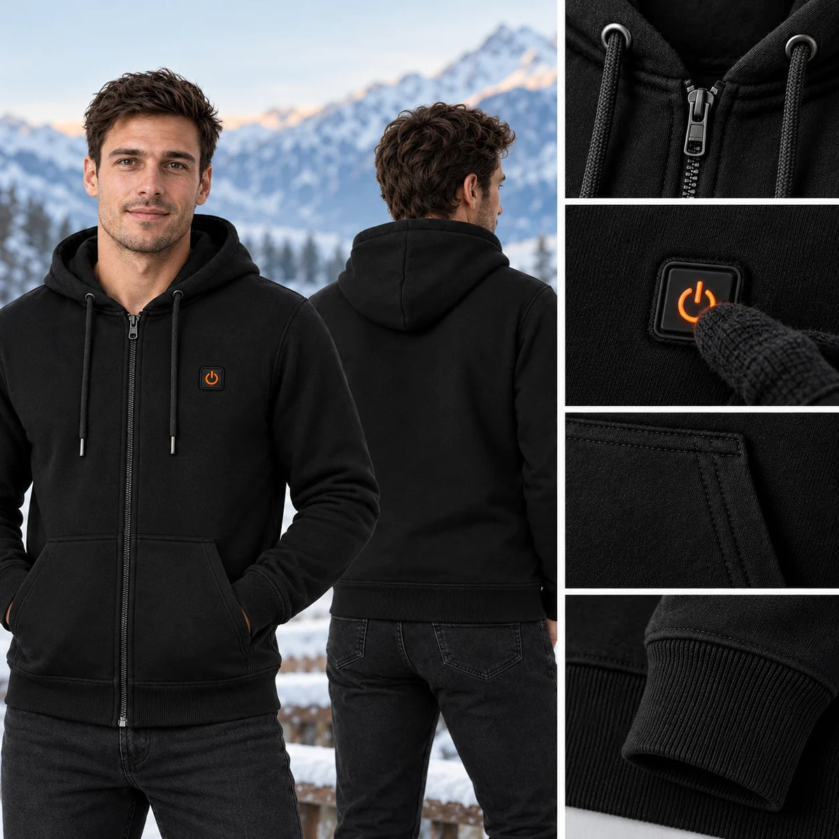 Podgrzewana bluza unisex z kapturem na zamek PyreFit Olivora, przycisk sterujący z bliska