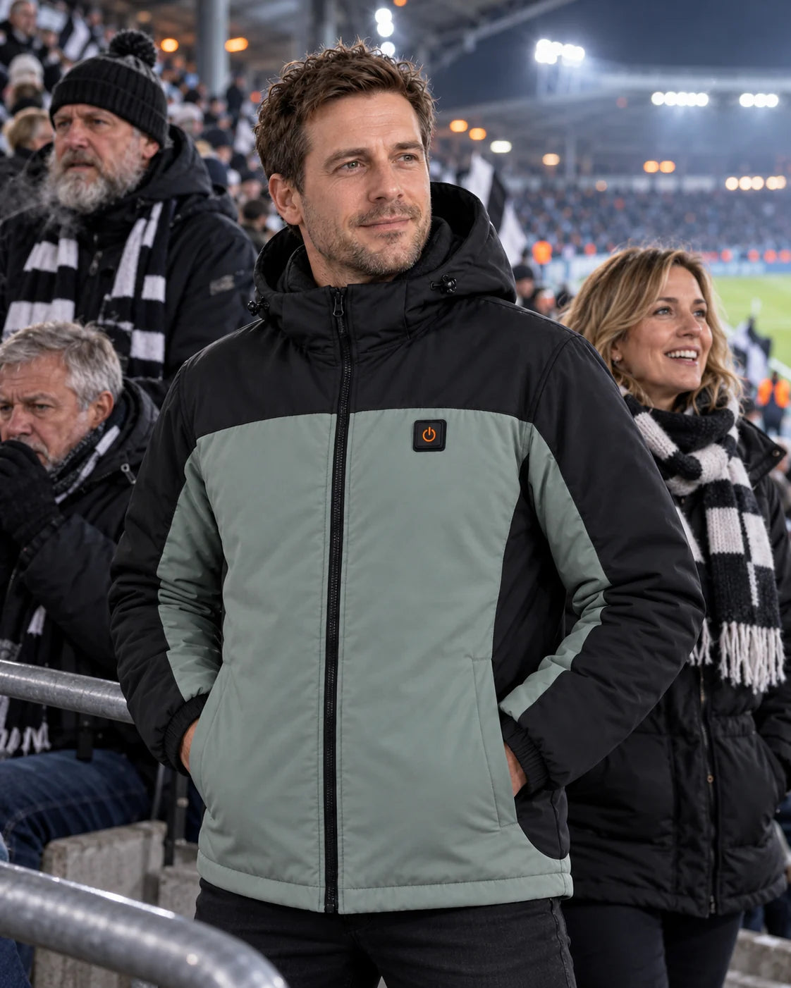 Parka podgrzewana unisex PyreFit Schiefer w zimowej codzienności: na stadionie