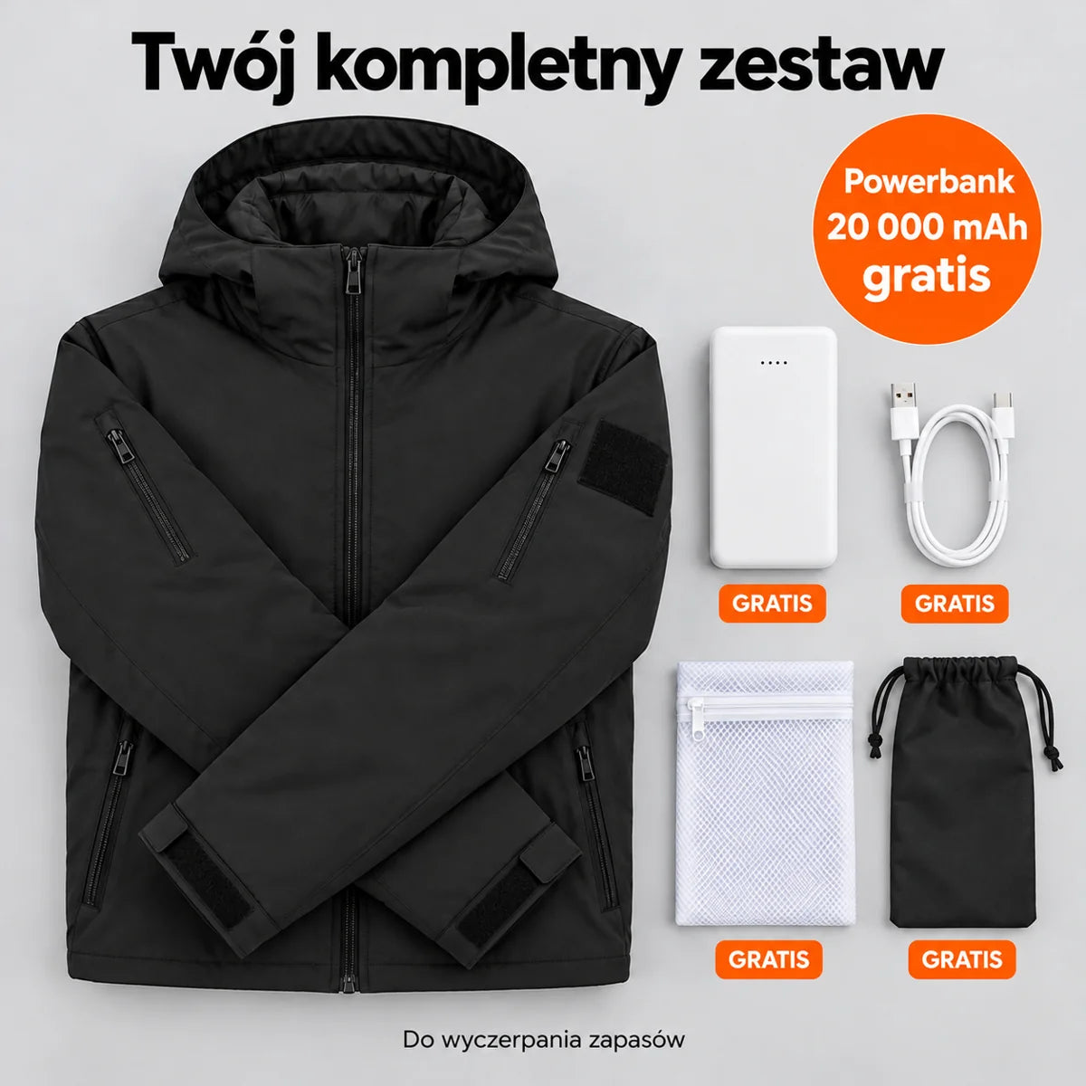 Zestaw kompletny: Summaro, powerbank 20 000 mAh, kabel do ładowania, worek do prania i torba