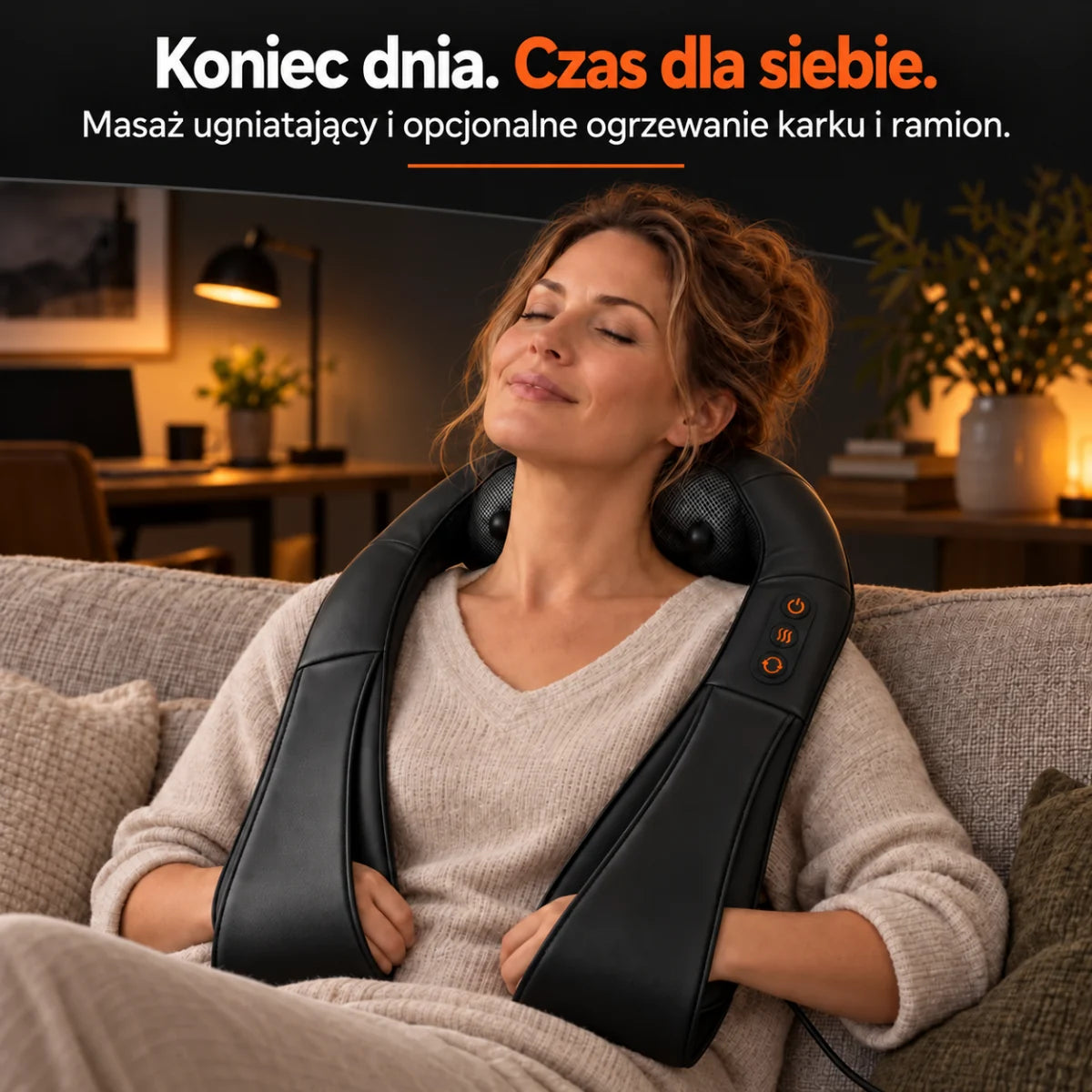 Masażer shiatsu karku w kolorze czarnym: chwila masażu na kanapie po pracy