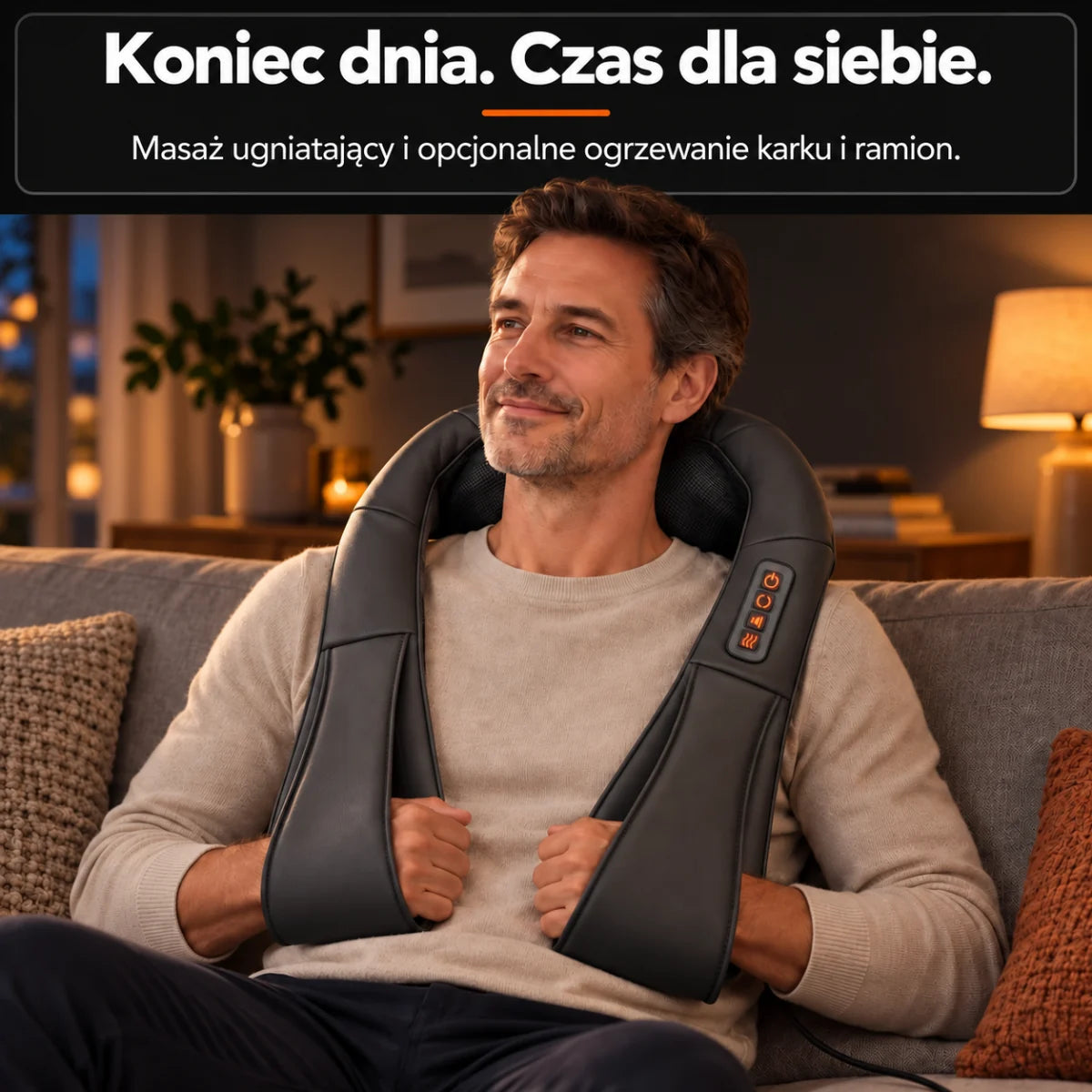 Masażer shiatsu karku w kolorze szarym: chwila masażu na kanapie po pracy