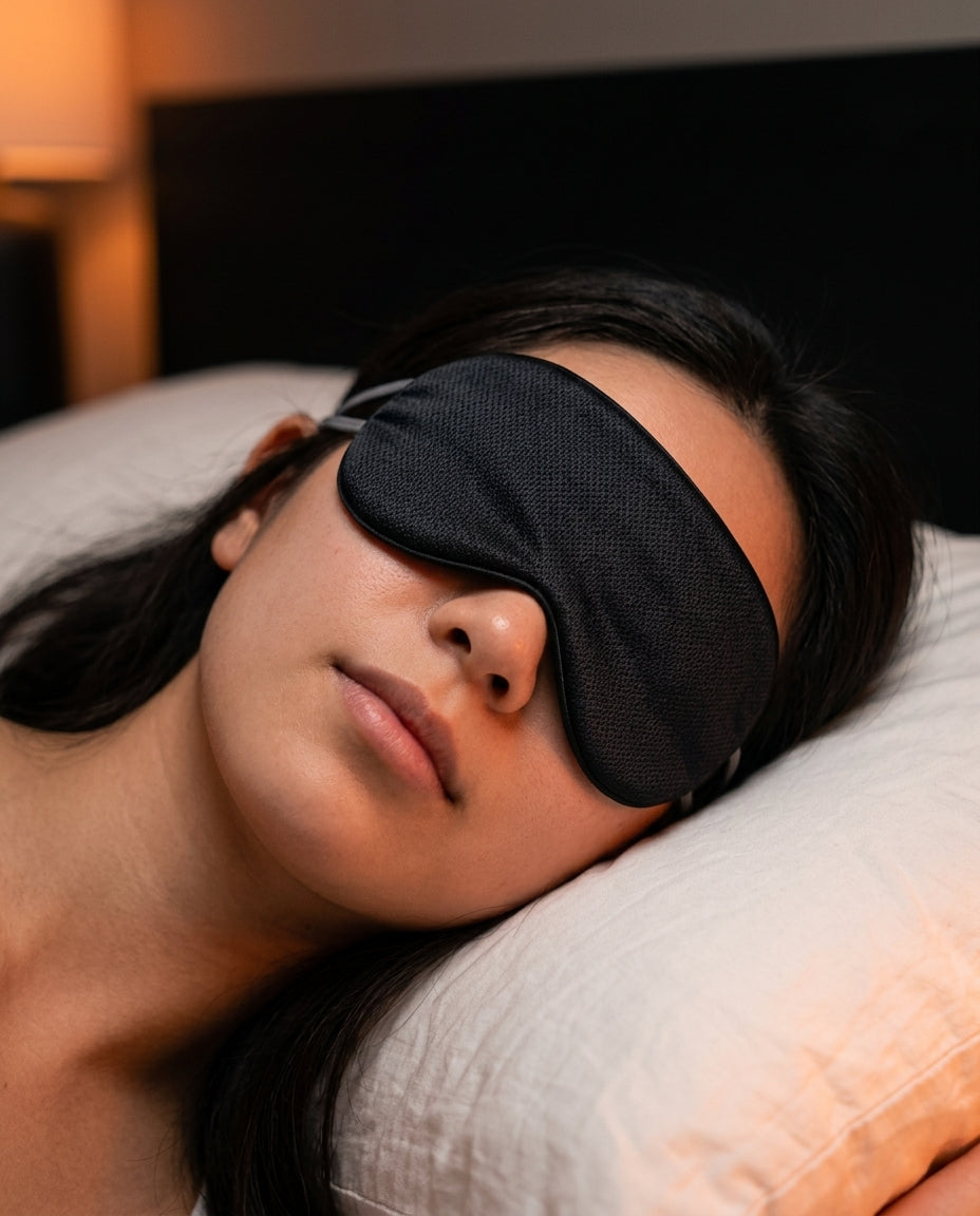 A woman resting peacefully in bed wearing a silk sleep mask in a dark, calm bedroom.