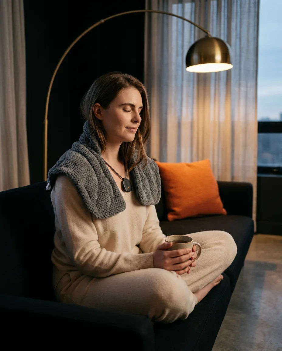 Woman relaxing in an armchair wearing a gray Pyre Fit heated neck and shoulder wrap