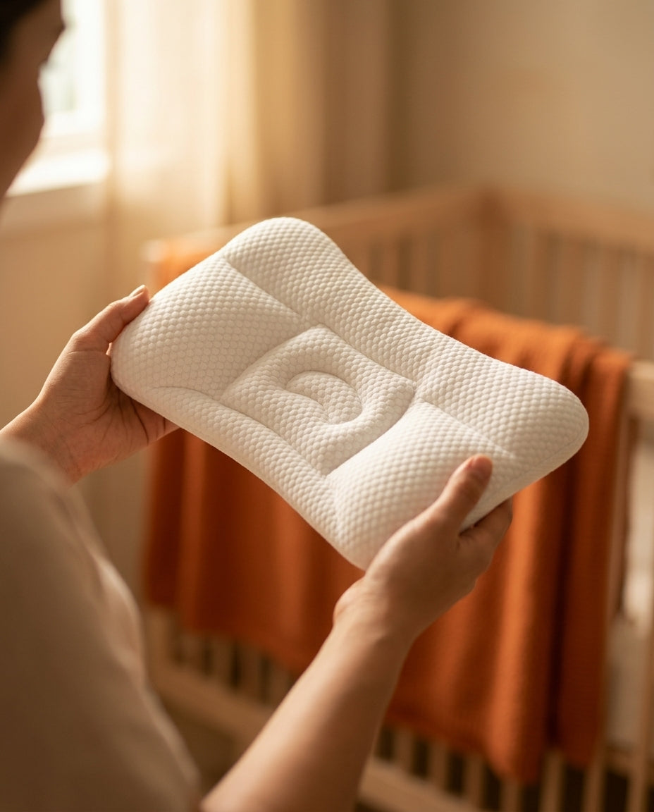 Poduszka dla niemowląt z ergonomicznym wgłębieniem na główkę – delikatne podparcie na drzemki i w podróży – zdjęcie produktu 3