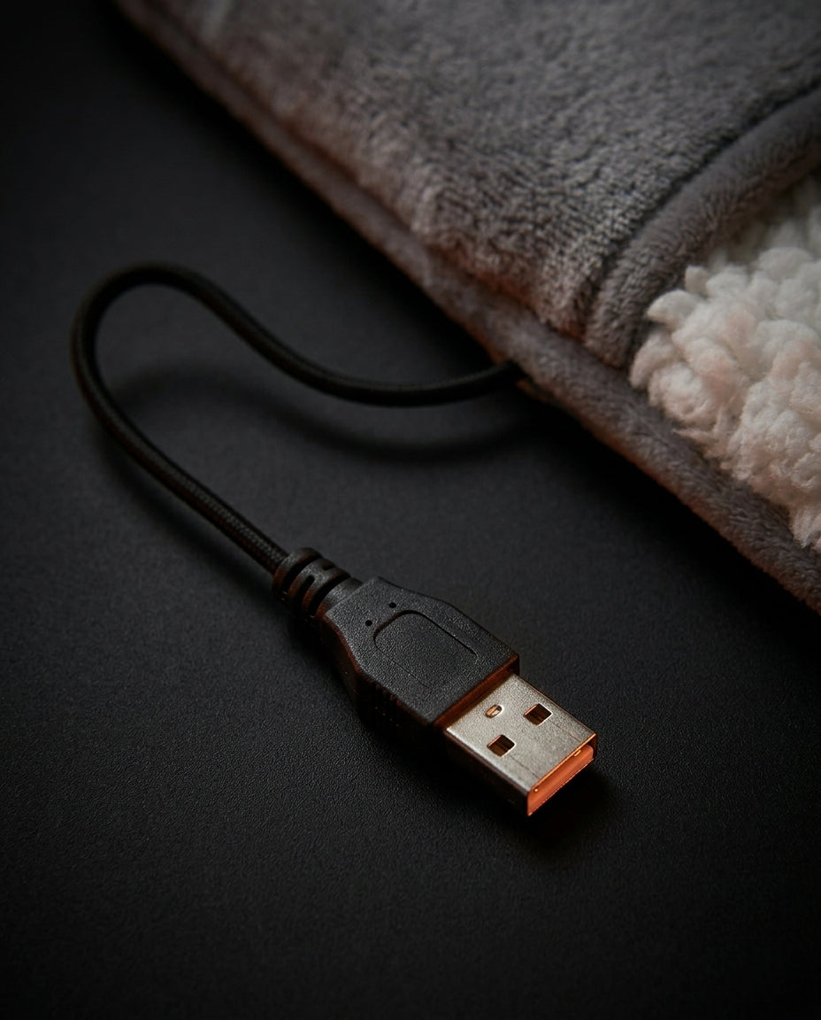 Wtyczka USB i kabel ogrzewacza do stóp z bliska