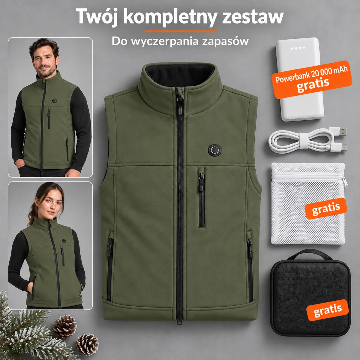 Zestaw kompletny: Allora, powerbank 20 000 mAh, kabel do ładowania, worek do prania i torba