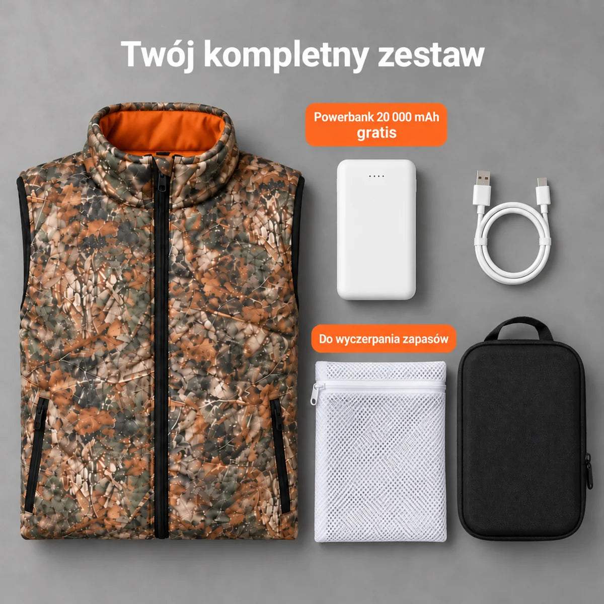 Zestaw kompletny: Altor, powerbank 20 000 mAh, kabel do ładowania, worek do prania i torba