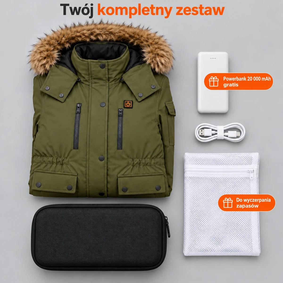 Zestaw kompletny: Apexor, powerbank 20 000 mAh, kabel do ładowania, worek do prania i torba