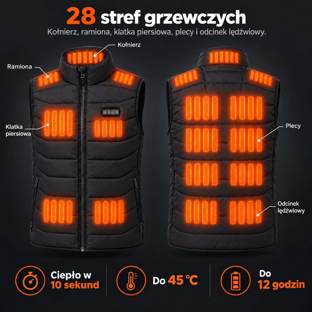 Podgrzewana kamizelka unisex PyreFit Aurina: 28 stref grzewczych na kołnierzu, barkach, klatce piersiowej, plecach i odcinku lędźwiowym