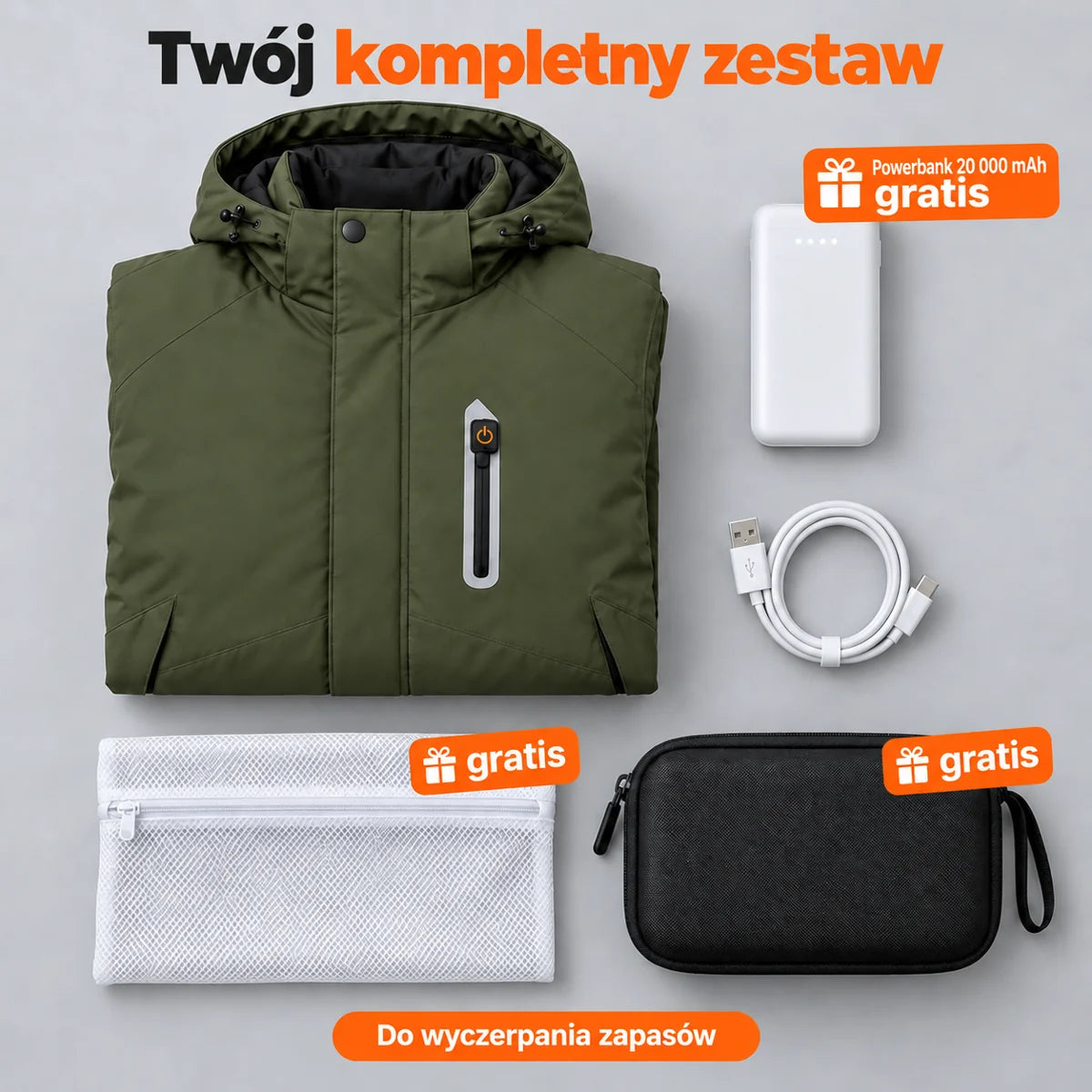 Zestaw kompletny: Calvero, powerbank 20 000 mAh, kabel do ładowania, worek do prania i torba
