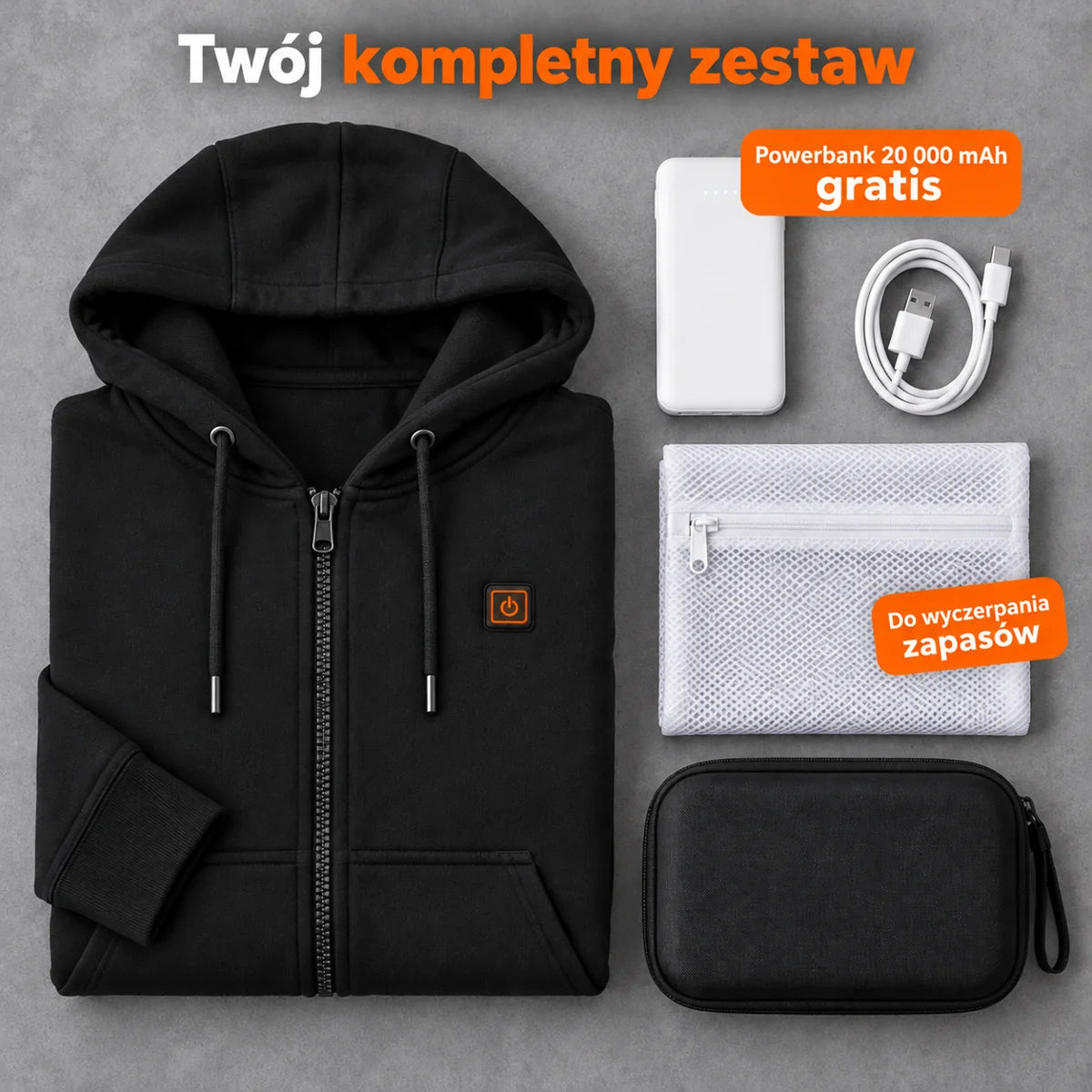 Zestaw kompletny: Cosaro, powerbank 20 000 mAh, kabel do ładowania, worek do prania i torba
