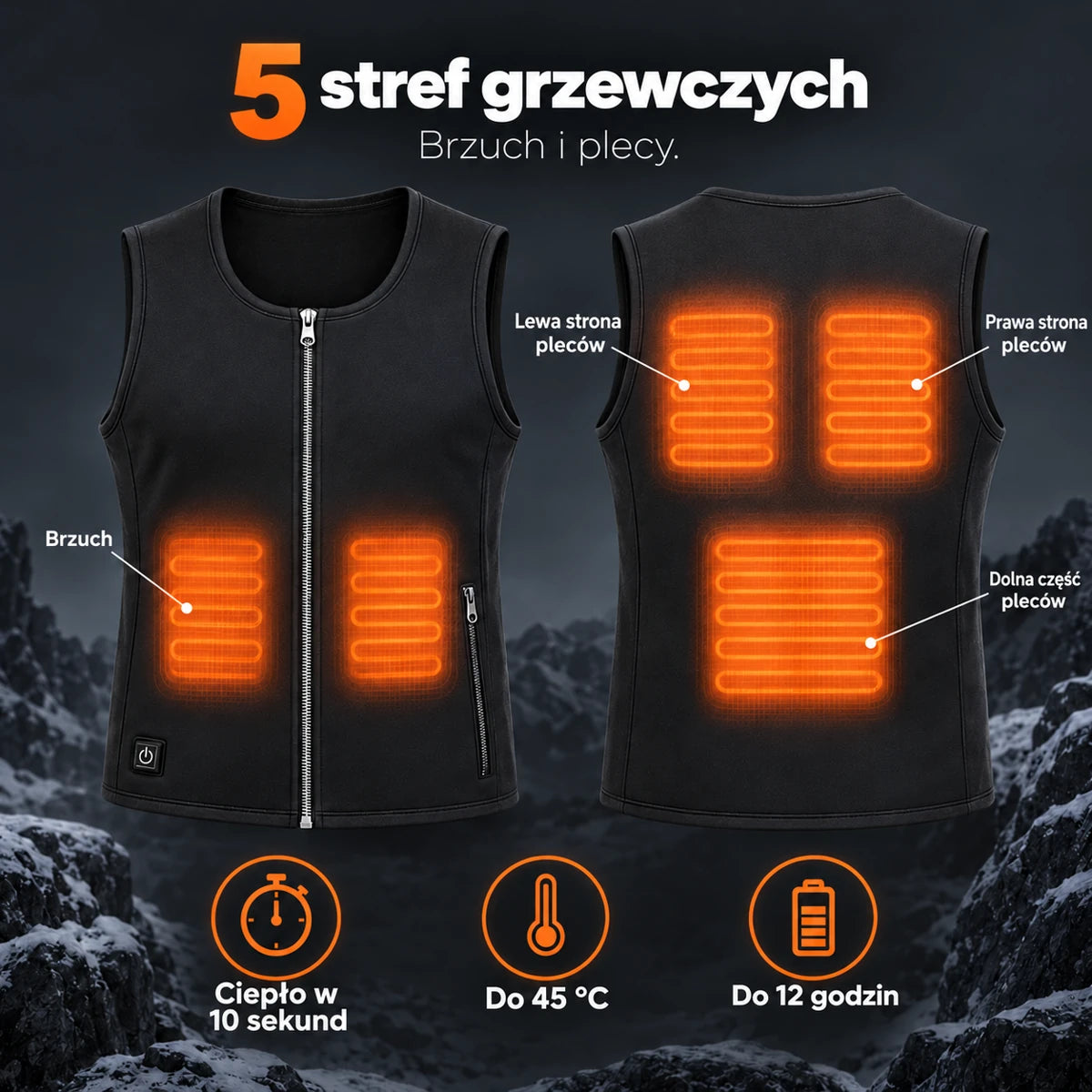 Cienka kamizelka podgrzewana unisex PyreFit Duvaro: 5 stref grzewczych – brzuch i plecy