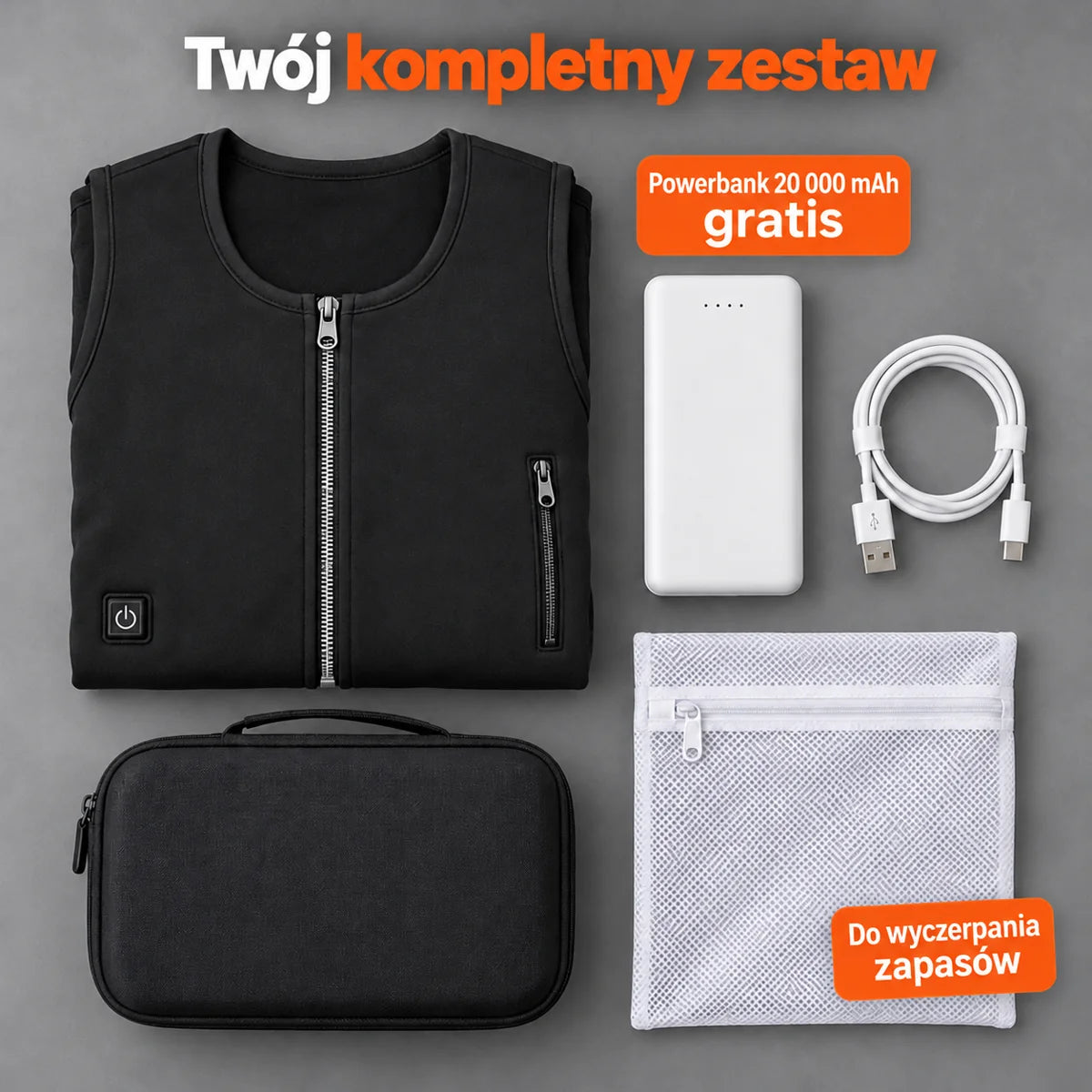 Zestaw kompletny: Duvaro, powerbank 20 000 mAh, kabel do ładowania, worek do prania i torba