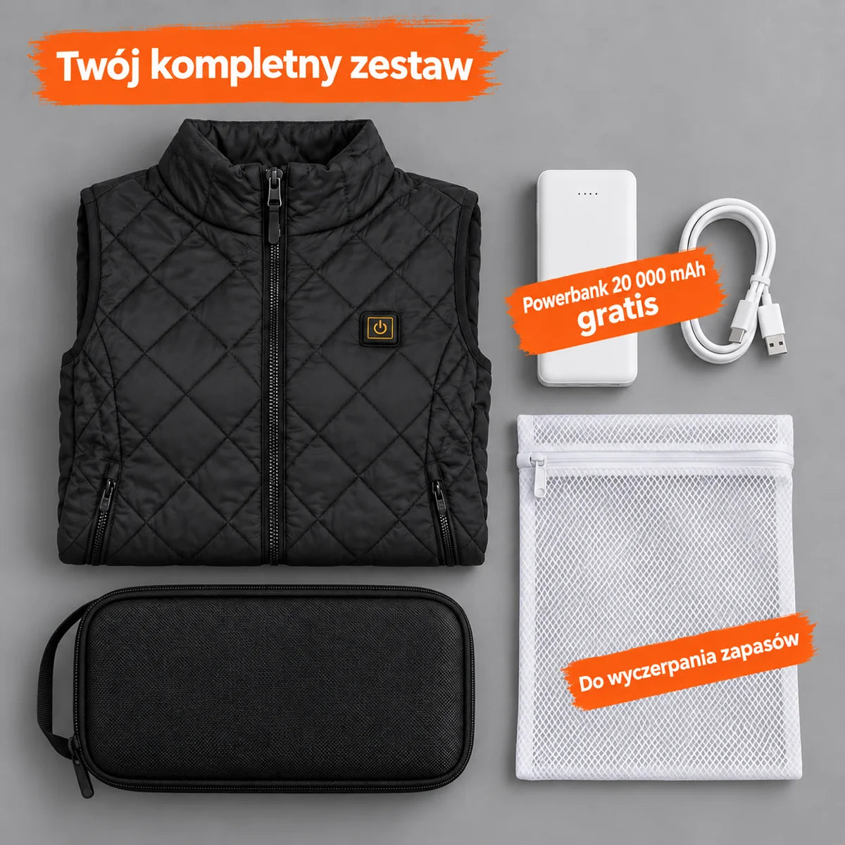Zestaw kompletny: Feinora, powerbank 20 000 mAh, kabel do ładowania, worek do prania i torba