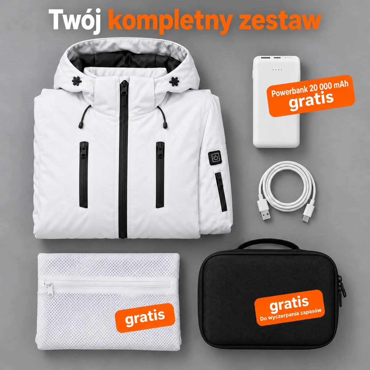 Zestaw kompletny: Glacio, powerbank 20 000 mAh, kabel do ładowania, worek do prania i torba