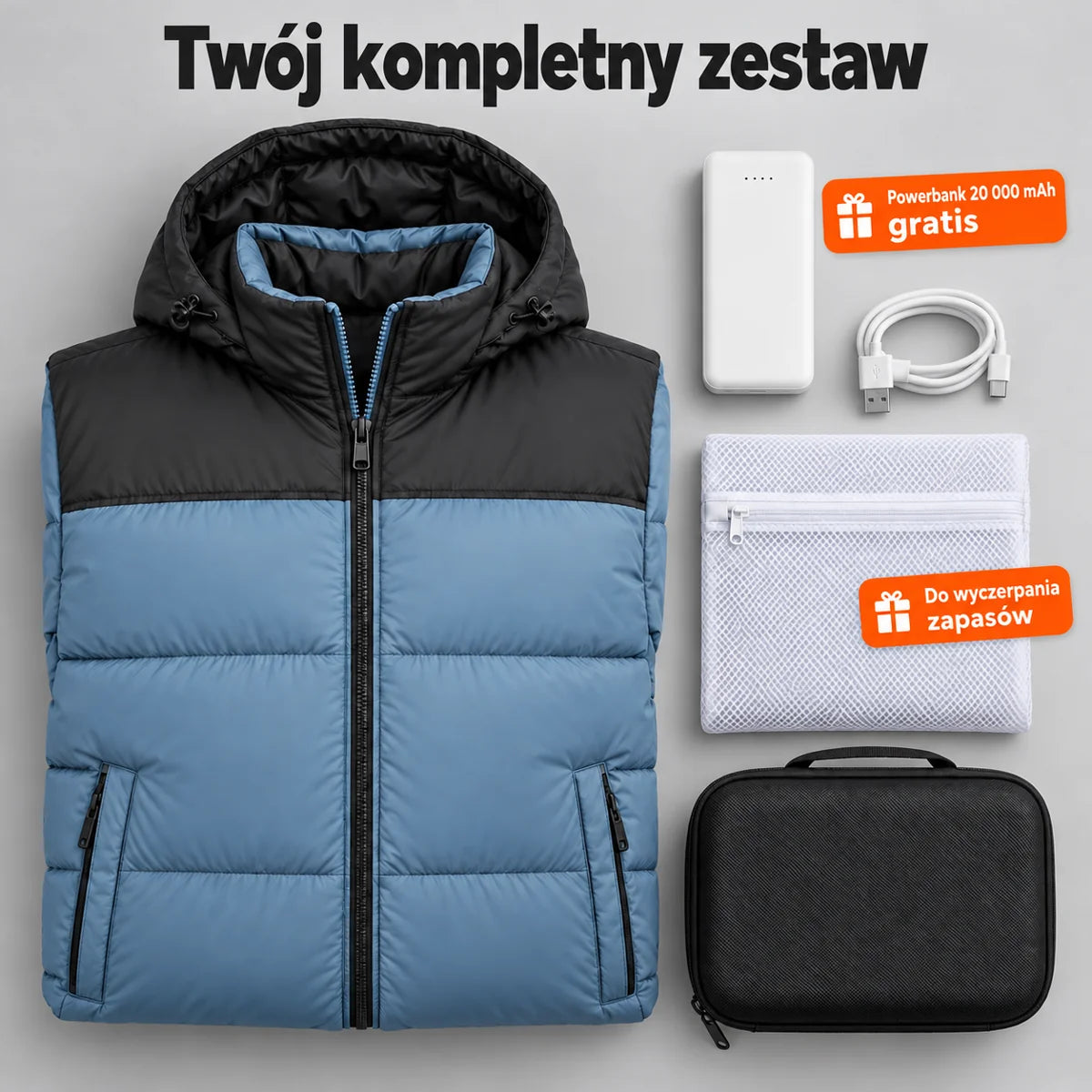 Zestaw kompletny: Gletor, powerbank 20 000 mAh, kabel do ładowania, worek do prania i torba