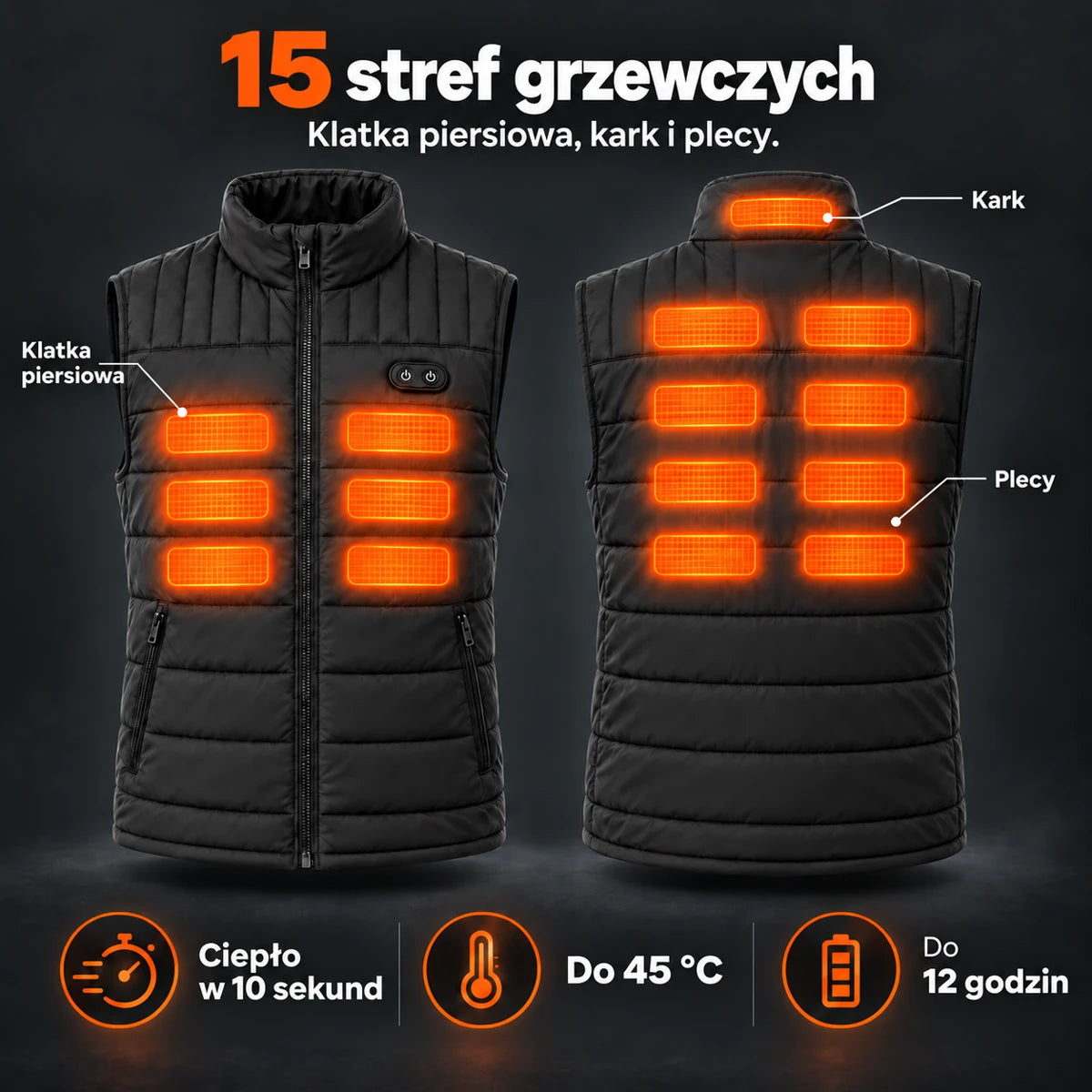 Podgrzewana kamizelka unisex PyreFit Matrixor: 15 stref grzewczych na klatce piersiowej, karku i plecach