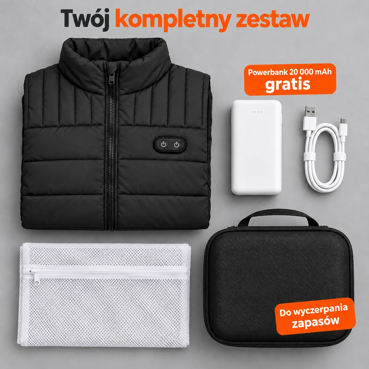 Zestaw kompletny: Matrixor, powerbank 20 000 mAh, kabel do ładowania, worek do prania i torba