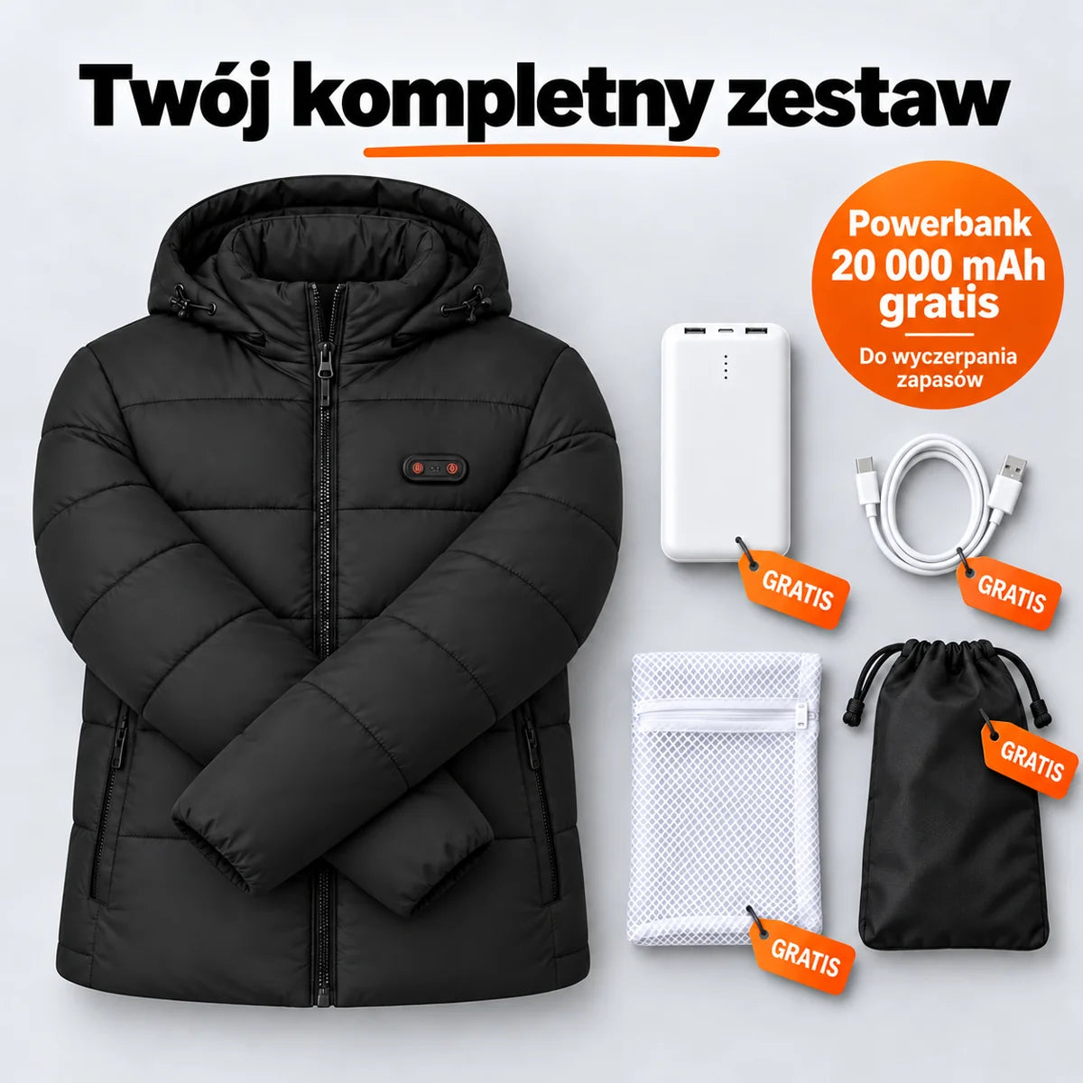 Zestaw kompletny: Nordik, powerbank 20 000 mAh, kabel do ładowania, worek do prania i torba