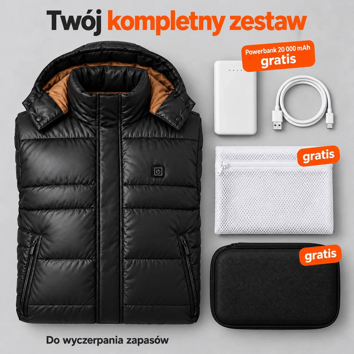 Zestaw kompletny: Norvia, powerbank 20 000 mAh, kabel do ładowania, worek do prania i torba