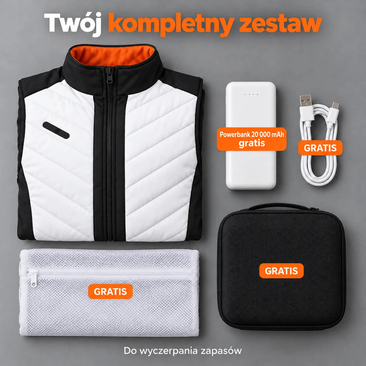 Zestaw kompletny: Novaro, powerbank 20 000 mAh, kabel do ładowania, worek do prania i torba