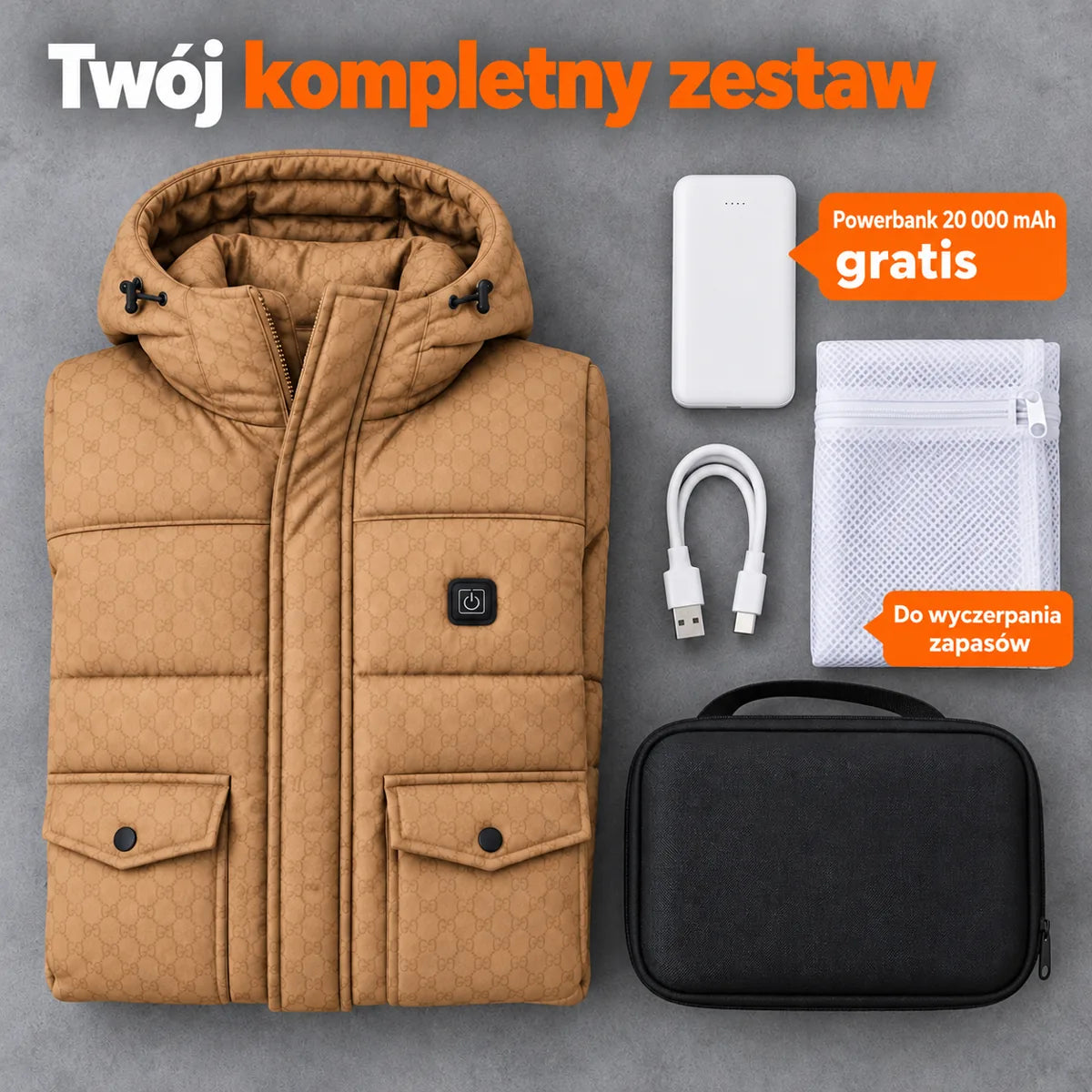 Zestaw kompletny: Orielle, powerbank 20 000 mAh, kabel do ładowania, worek do prania i torba