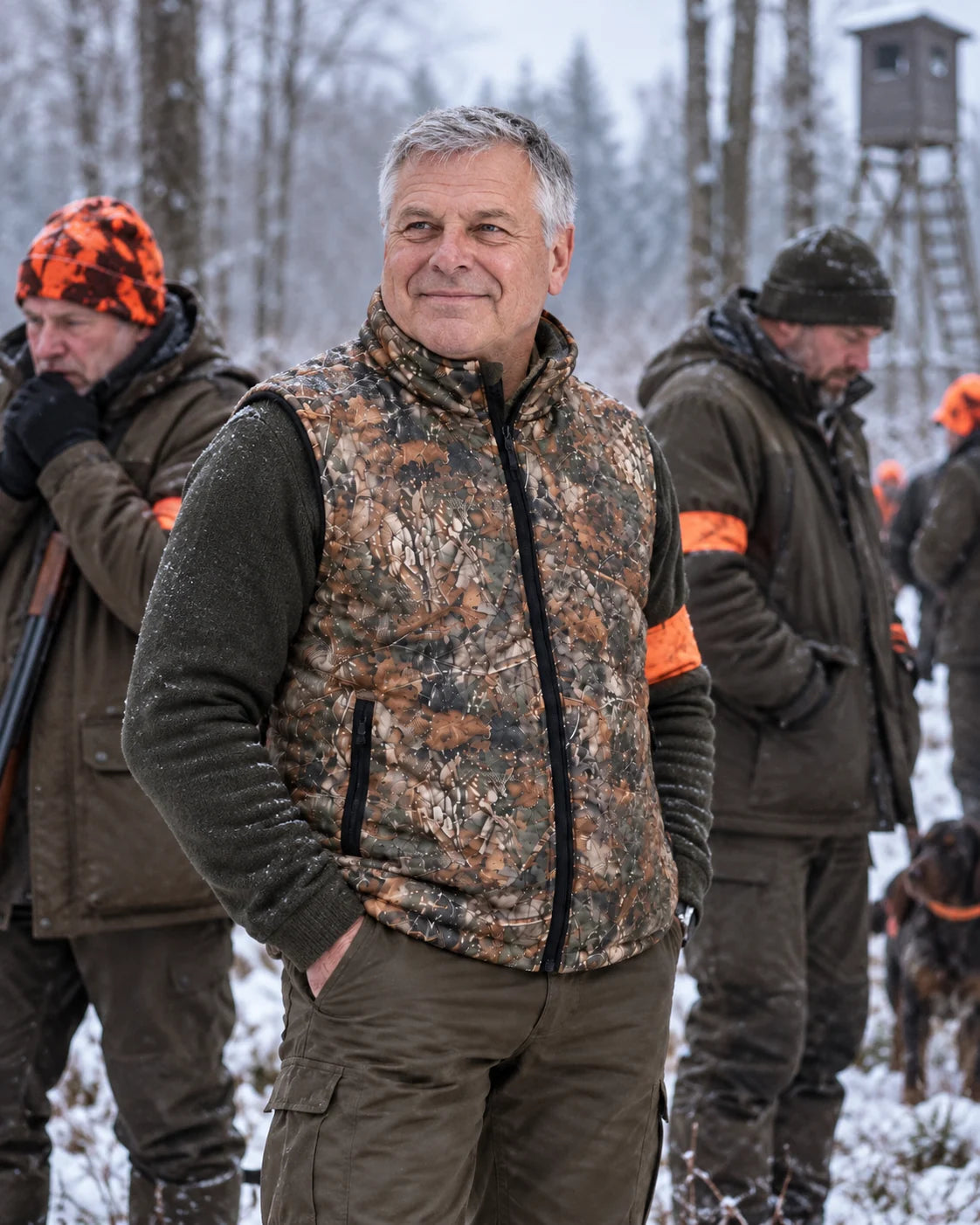Dwustronna kamizelka podgrzewana PyreFit Altor w zimowej codzienności: podczas polowania zbiorowego