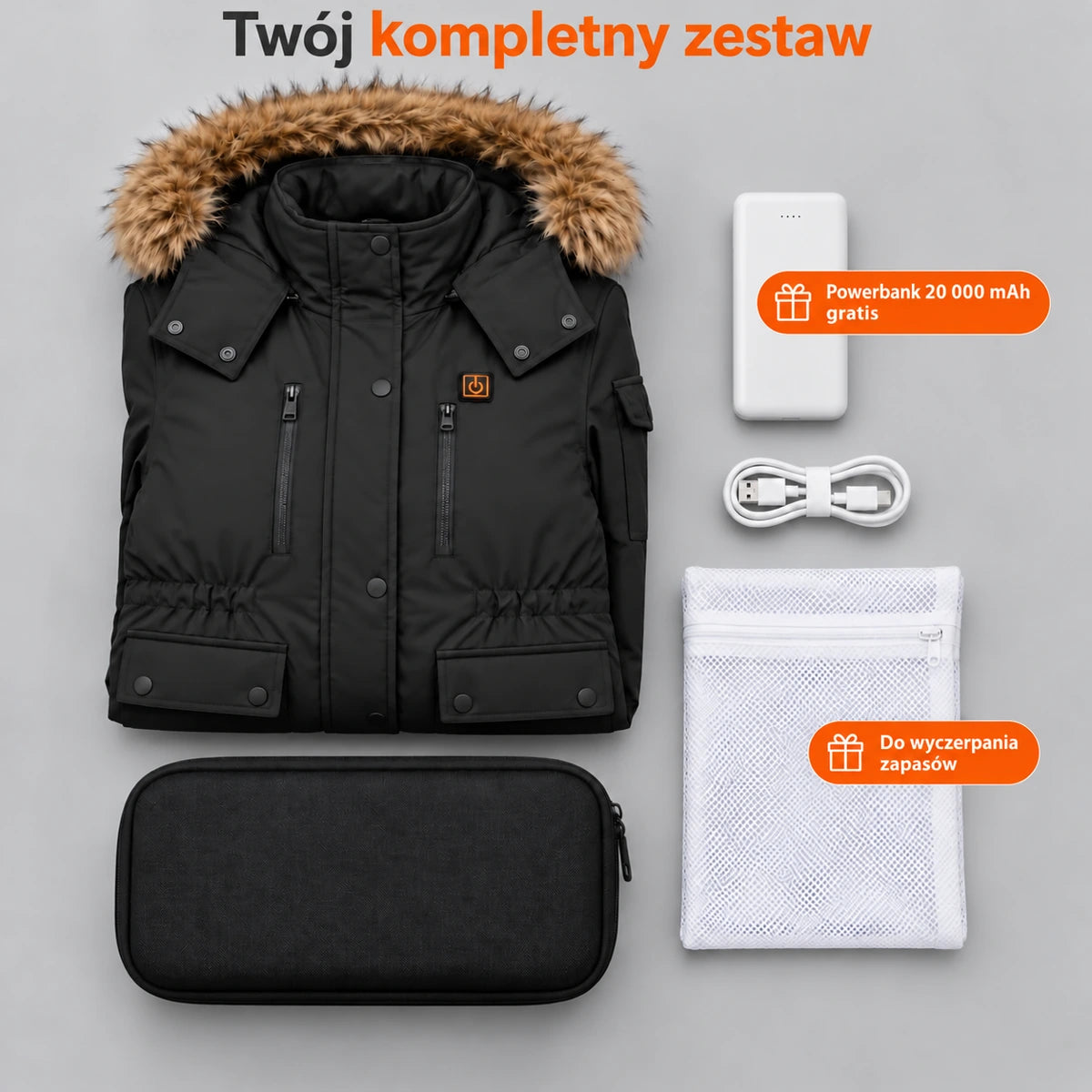 Płaszcz zimowy podgrzewany damski PyreFit Apexor w kolorze czarnym, zestaw kompletny