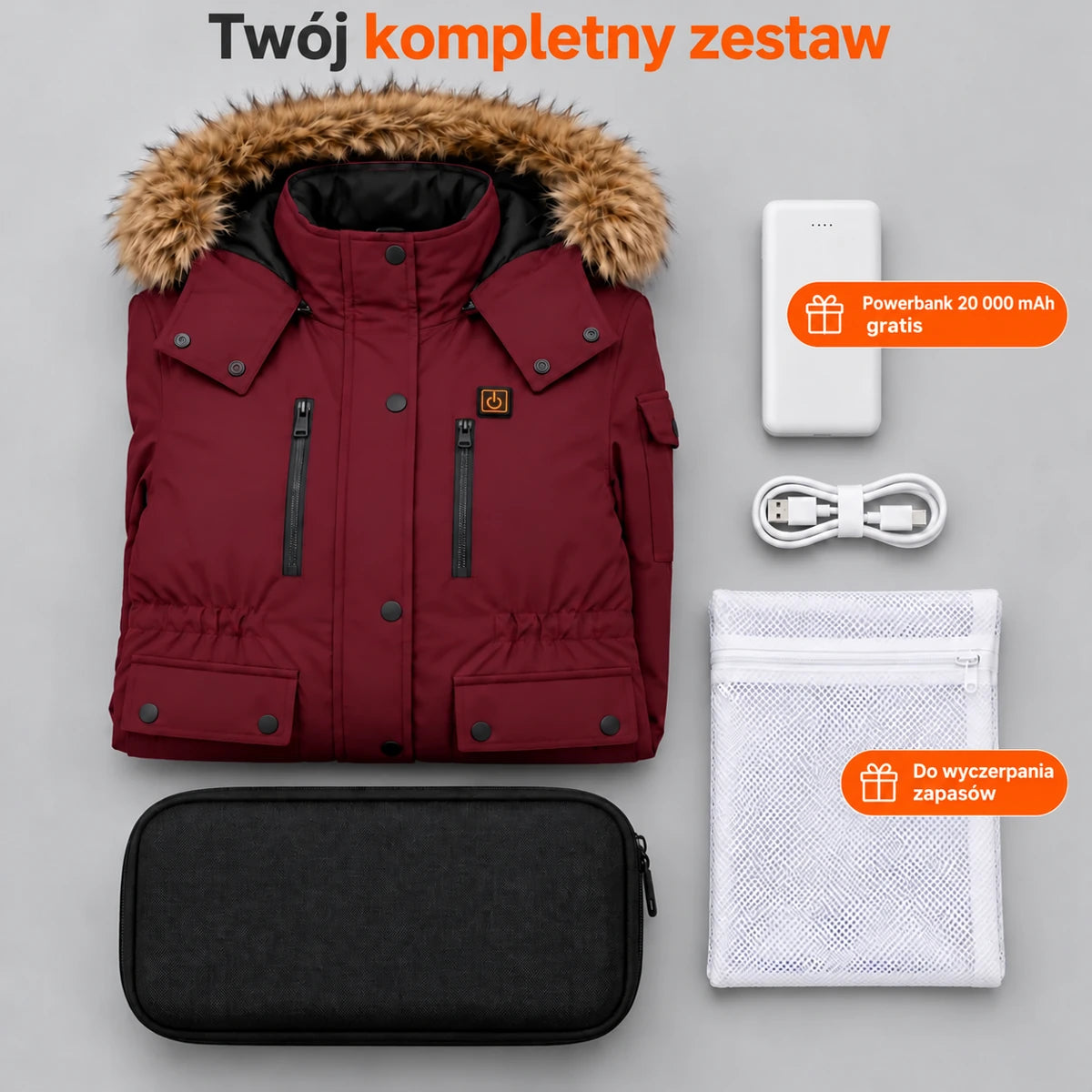 Płaszcz zimowy podgrzewany damski PyreFit Apexor w kolorze bordowym, zestaw kompletny