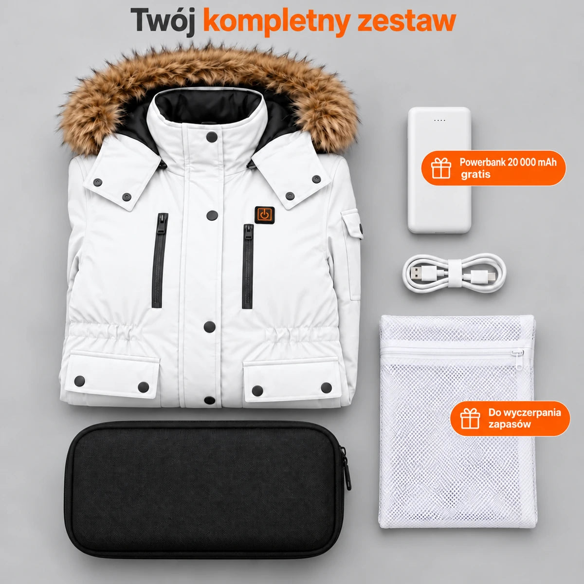 Płaszcz zimowy podgrzewany damski PyreFit Apexor w kolorze białym, zestaw kompletny