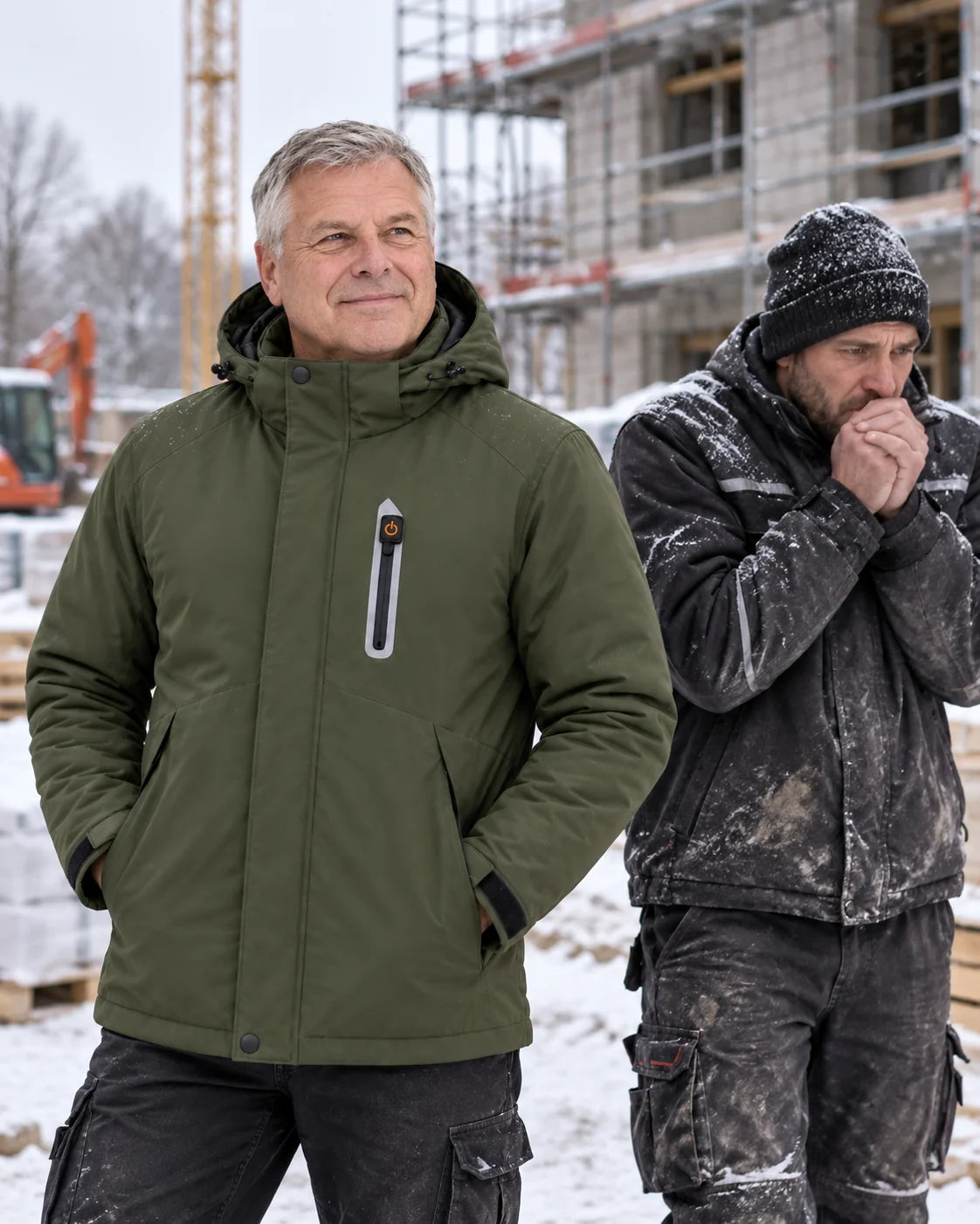 Męska parka podgrzewana PyreFit Calvero w zimowej codzienności: na budowie