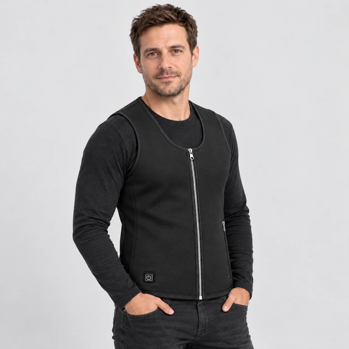Cienka kamizelka podgrzewana unisex PyreFit Duvaro, widok z przodu na modelu