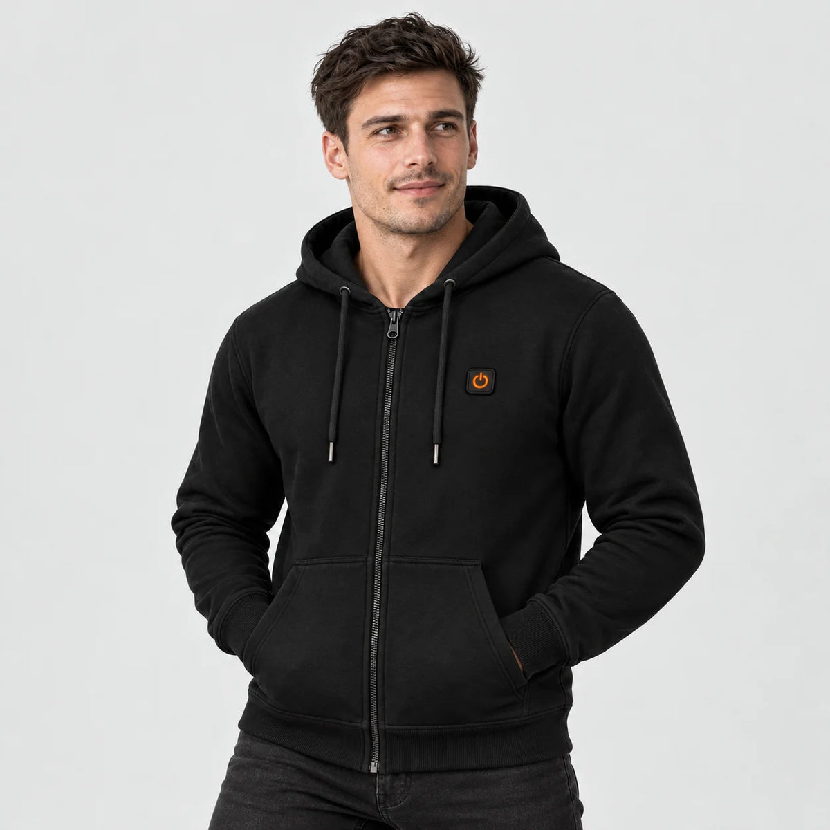 Podgrzewana bluza unisex z kapturem na zamek PyreFit Olivora, widok z przodu na modelu