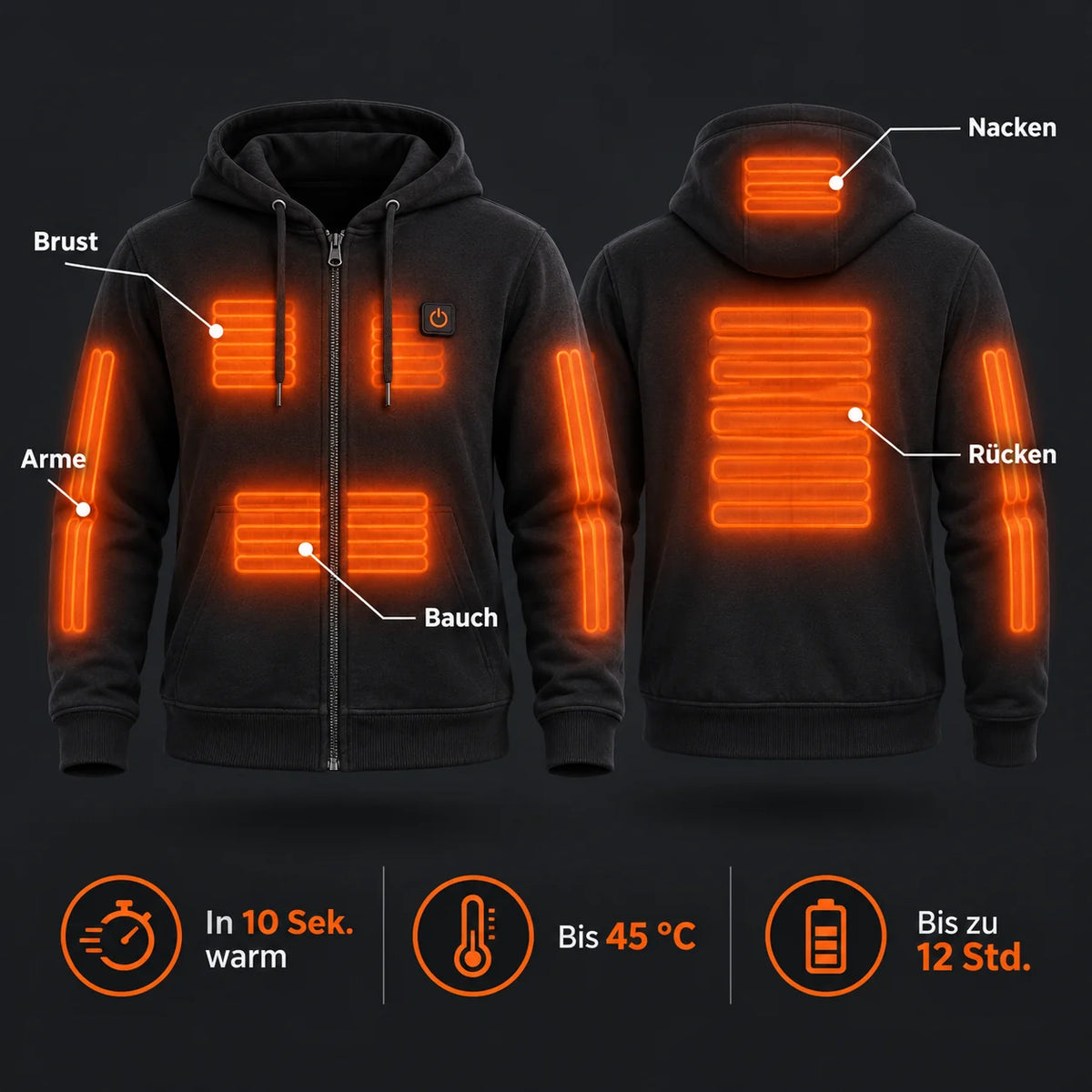 Podgrzewana bluza unisex z kapturem na zamek PyreFit Olivora: strefy grzewcze na karku, klatce piersiowej, brzuchu, rękach i plecach