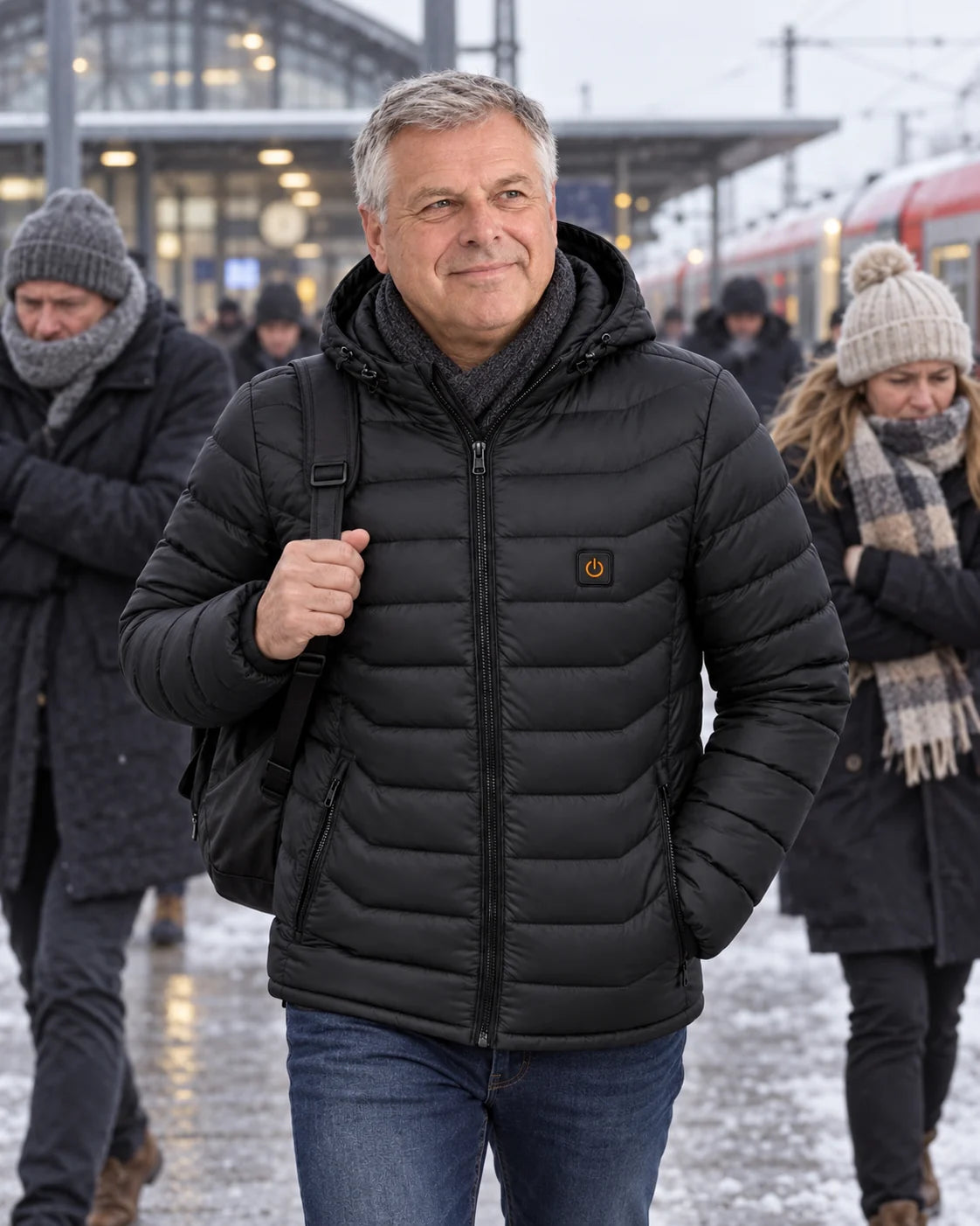 Męska kurtka pikowana podgrzewana PyreFit Rangor w zimowej codzienności: w drodze do pracy