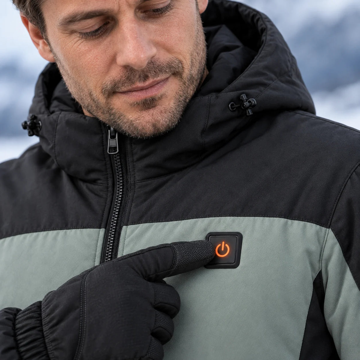 Parka podgrzewana unisex PyreFit Schiefer, przycisk sterowania z bliska