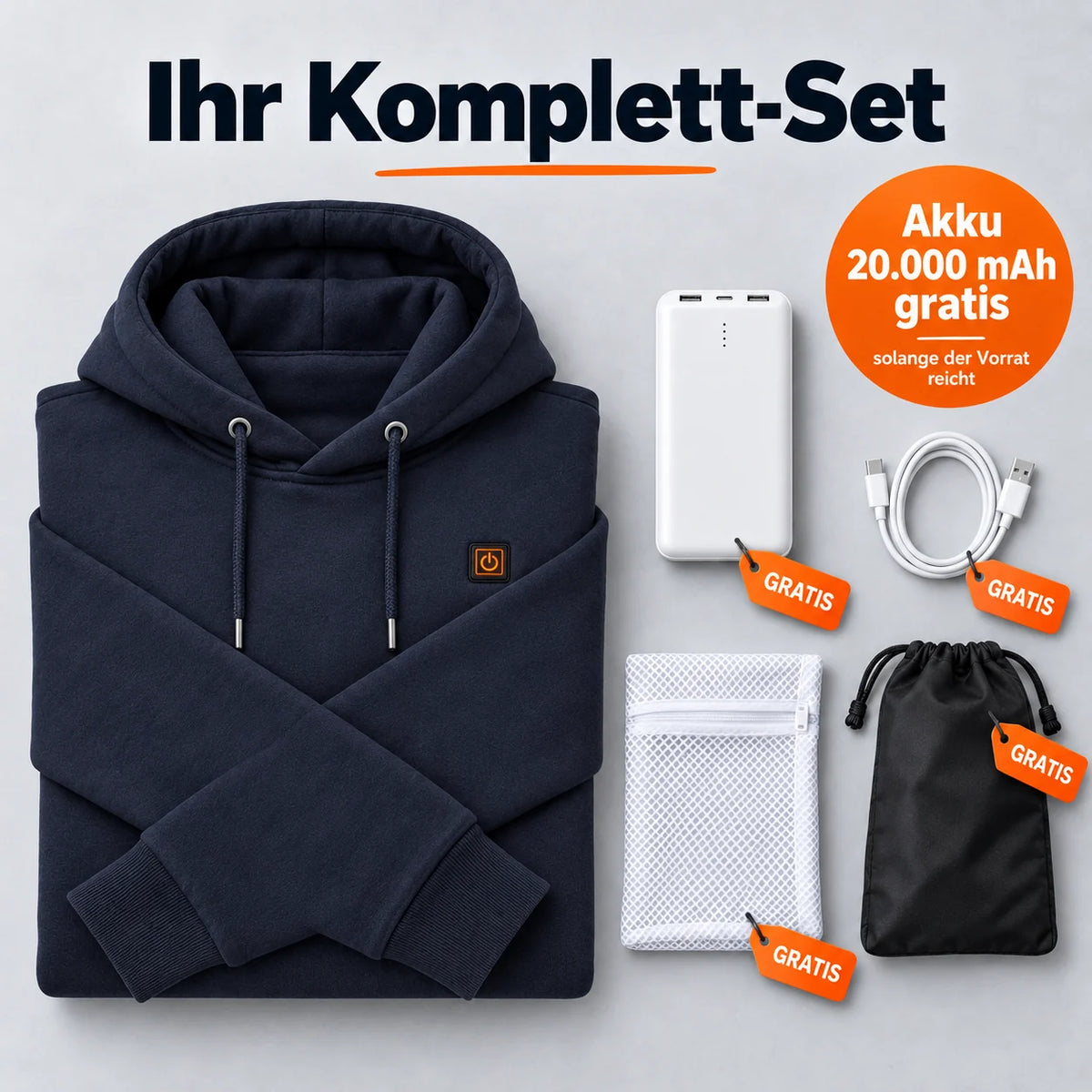 Zestaw kompletny: Zippa, powerbank 20 000 mAh, kabel do ładowania, worek do prania i torba