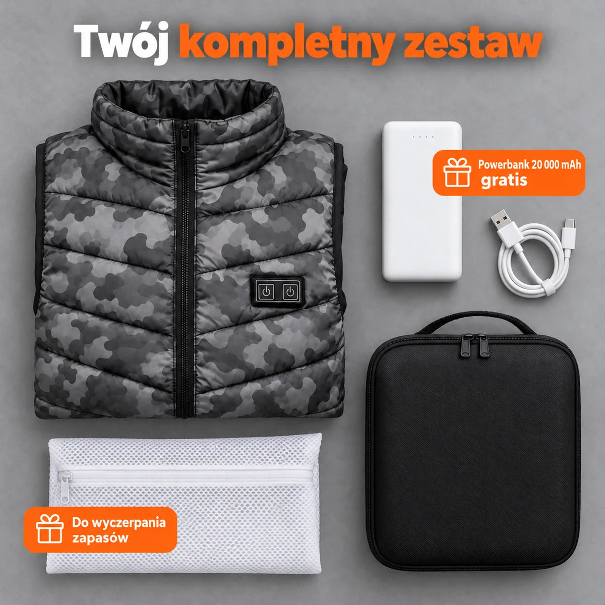 Zestaw kompletny: Piloto, powerbank 20 000 mAh, kabel do ładowania, worek do prania i torba