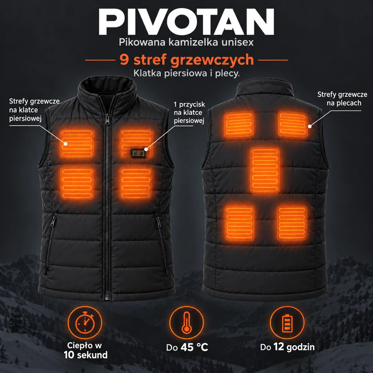 Kamizelka pikowana podgrzewana unisex PyreFit Pivotan: 9 stref grzewczych – klatka piersiowa i plecy