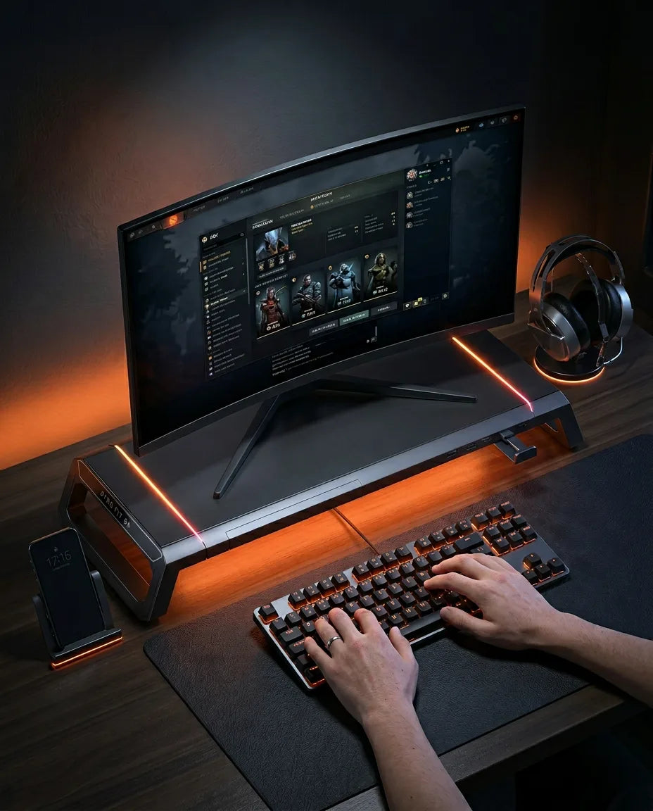 Podstawka pod monitor z szufladą i podświetleniem RGB – ekran na wysokości oczu – zdjęcie produktu 3