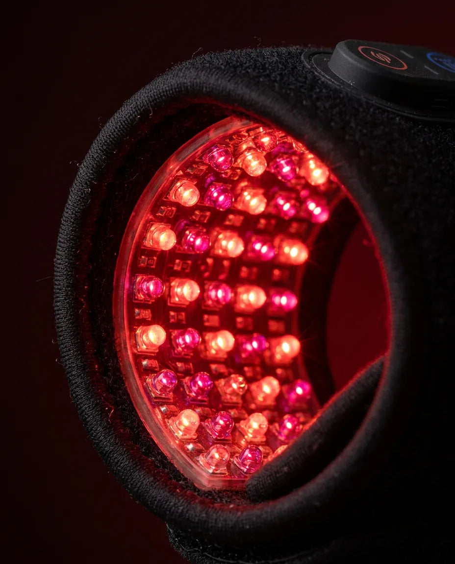Opaska LED ze światłem czerwonym na nadgarstek – zbliżenie czerwonych diod LED