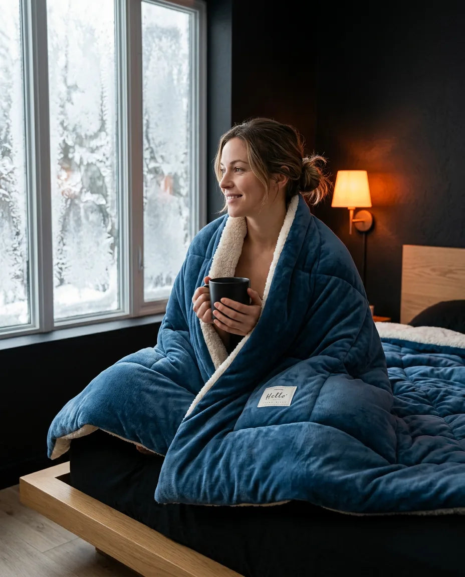 Dwustronny koc polarowy – kobieta pod niebieskim kocem na kanapie