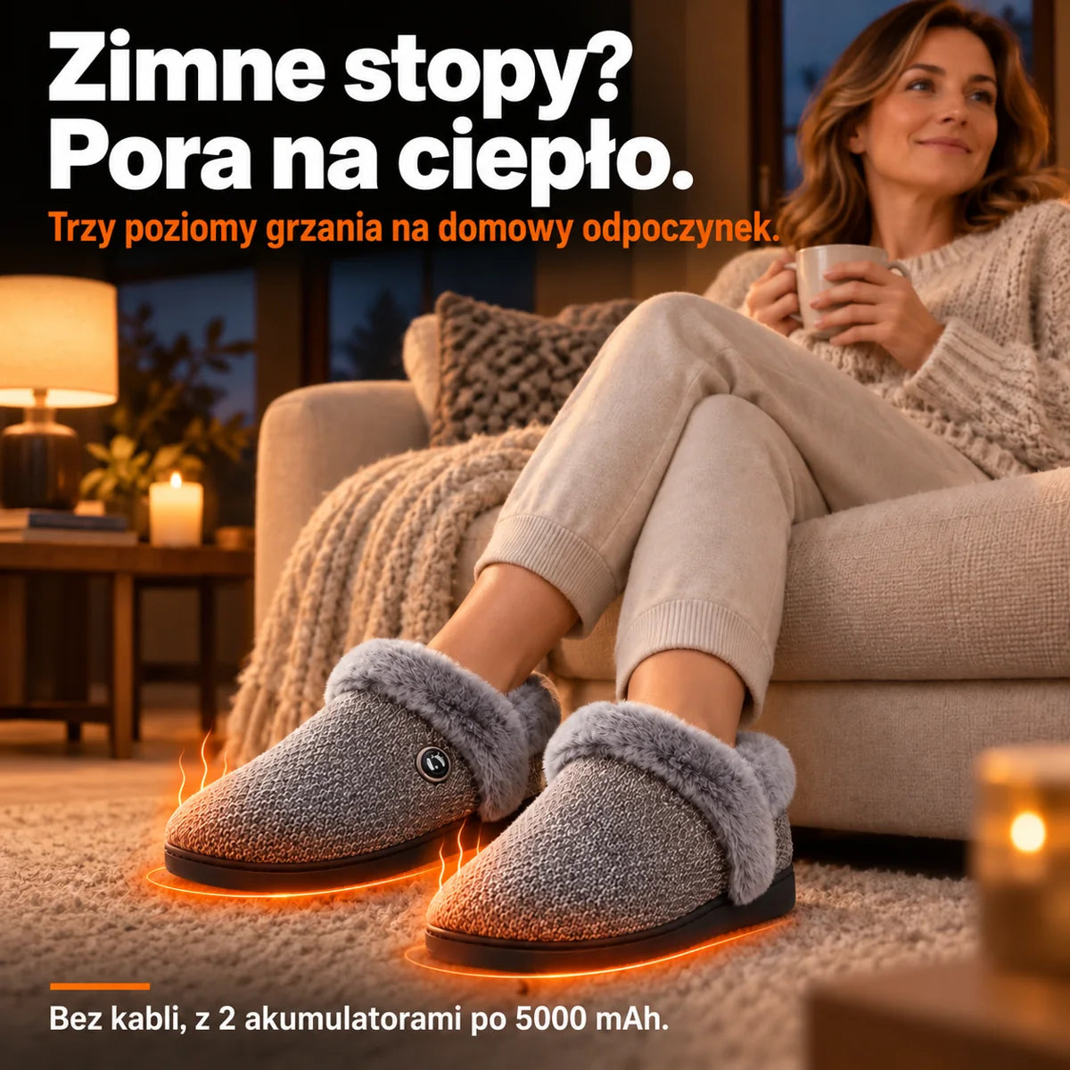 Kobieta odpoczywa w fotelu w szarych kapciach podgrzewanych