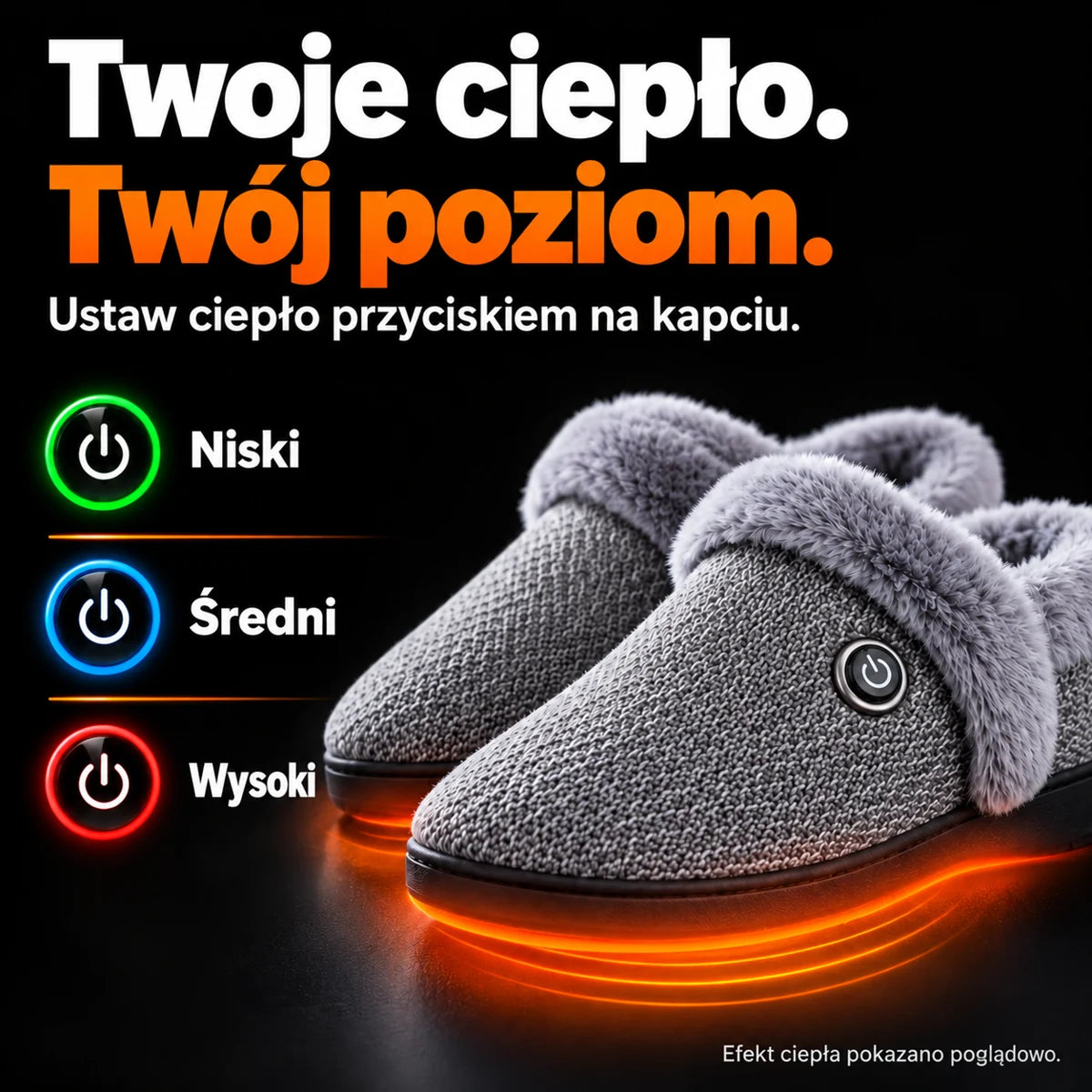 Grafika trzech poziomów grzania kapci podgrzewanych – ustawianych jednym przyciskiem
