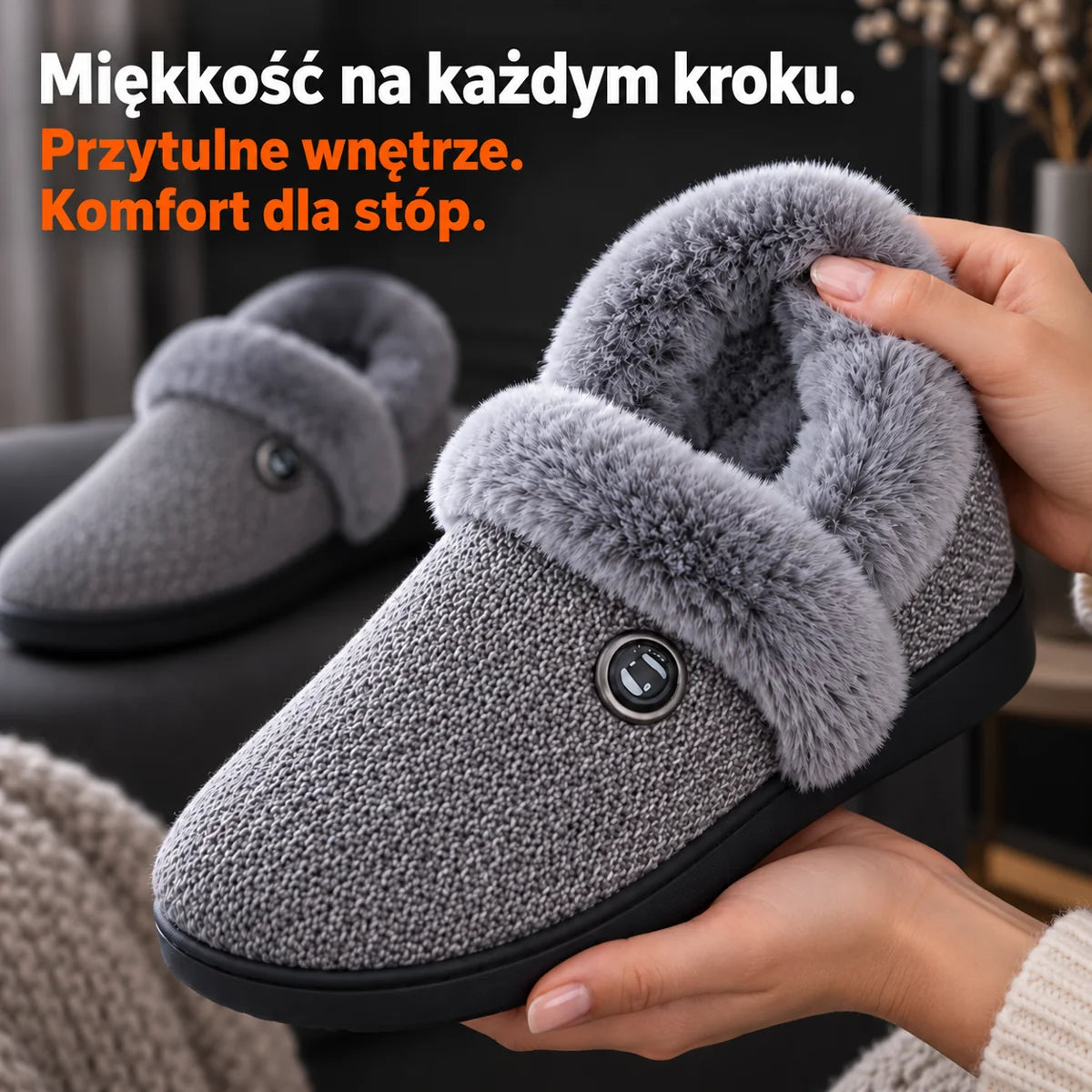 Dłoń pokazuje miękką pluszową podszewkę kapci podgrzewanych